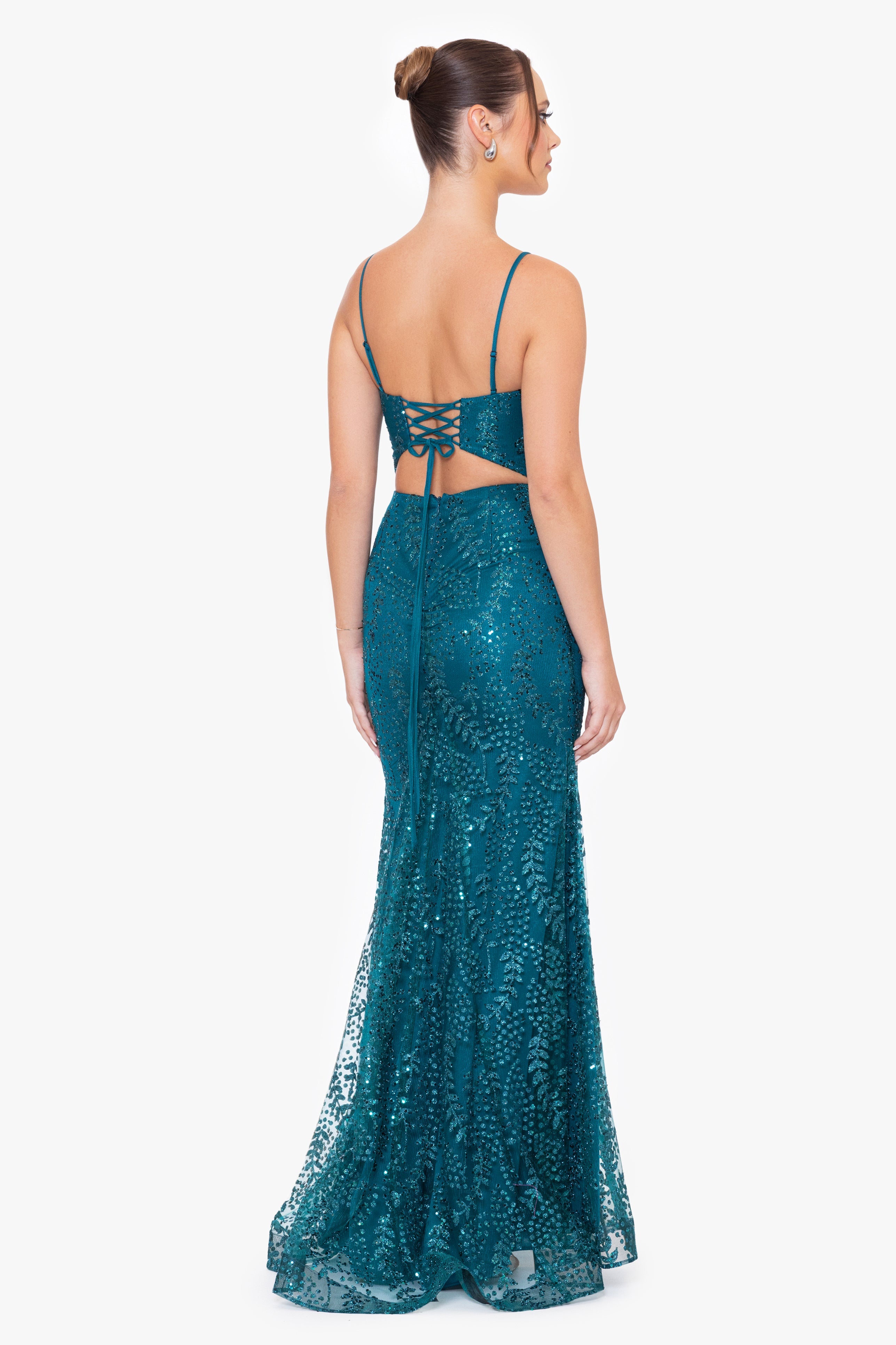 "Jocelyn" Long Glitter Mesh V-Neck Dress