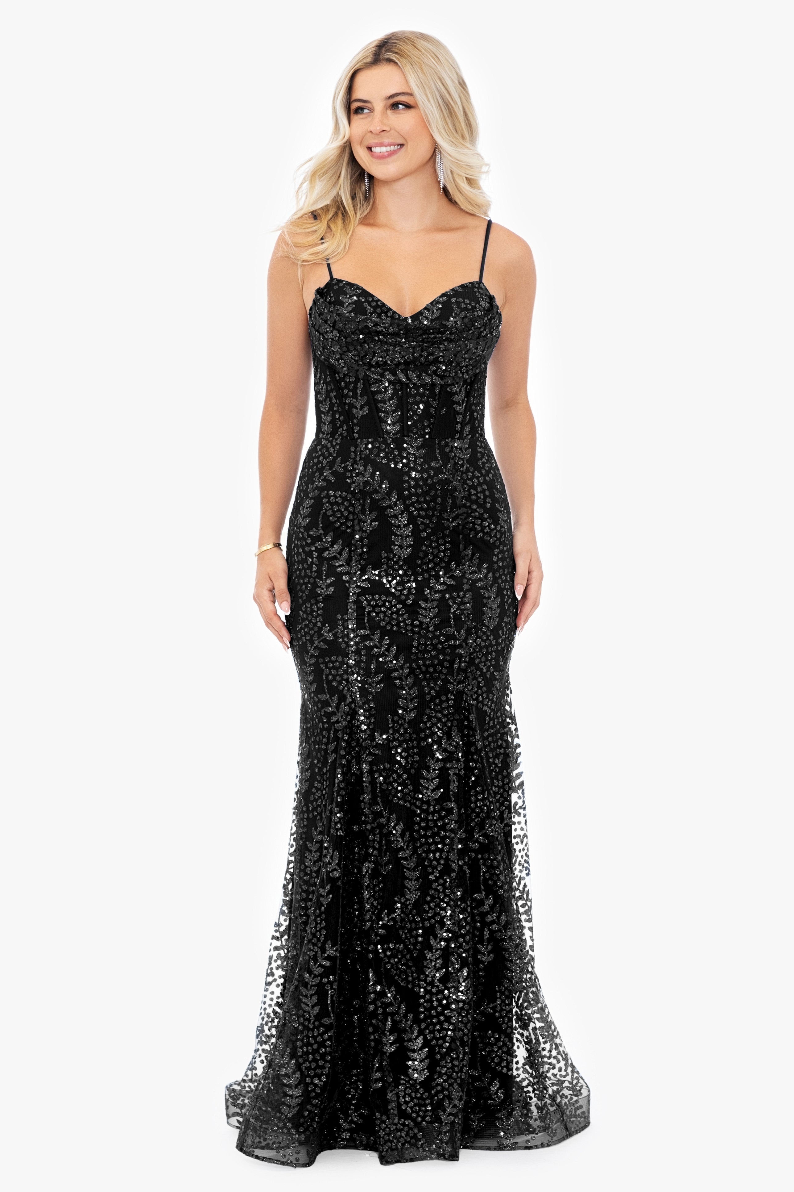 "Marissa" Long Glitter Mesh Lace Up Back Gown