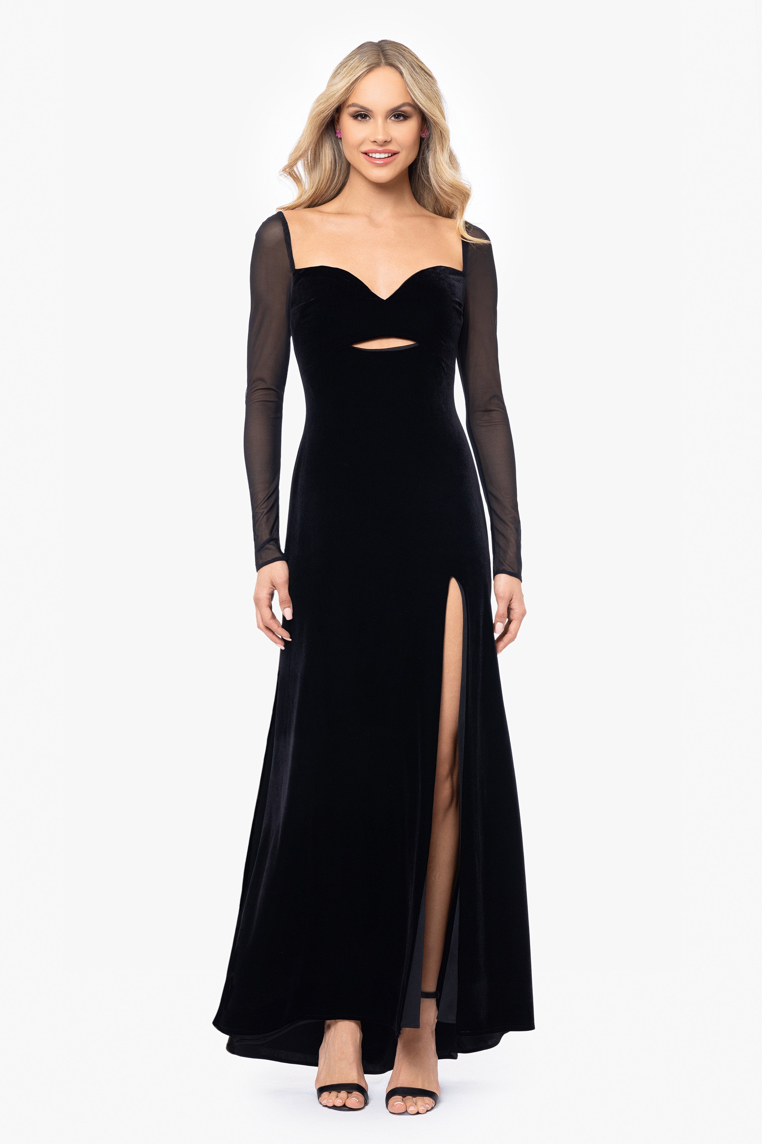 "Valerie" Sheer Long Sleeve Floor Length Velvet Dress