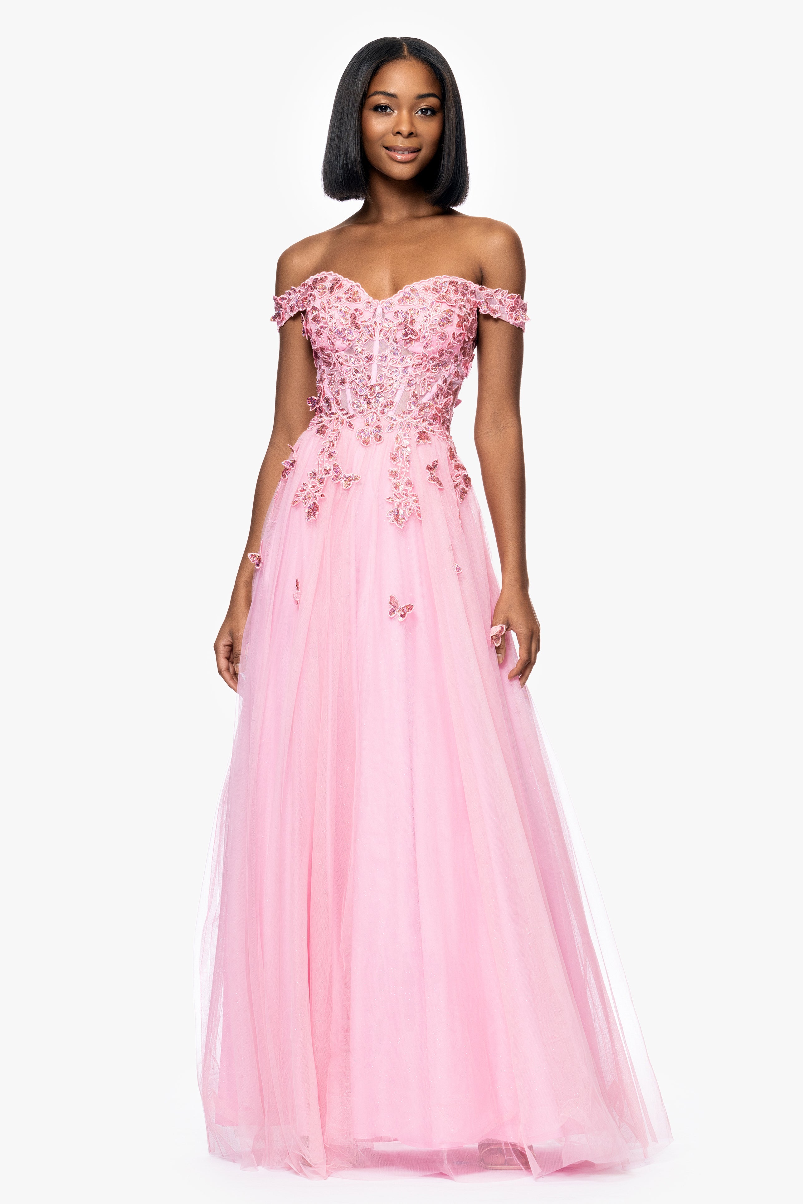 "Luna" Long Off the Shoulder 3D Butterfly Embellished Gown