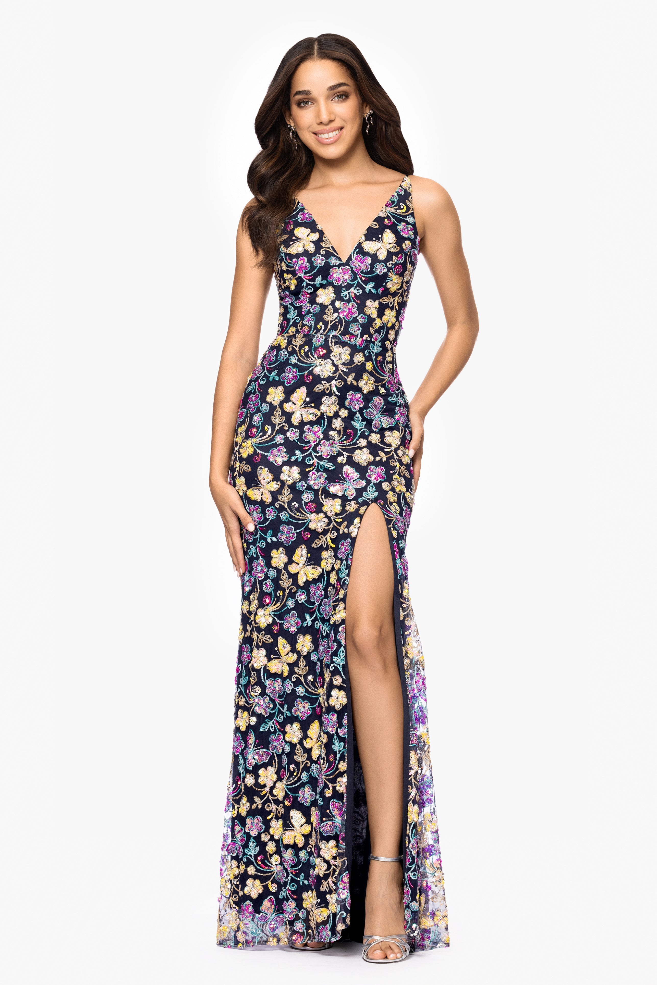 Blondie Nites "Carmen" Sequin Pattern V-Neck Floor Length Dress