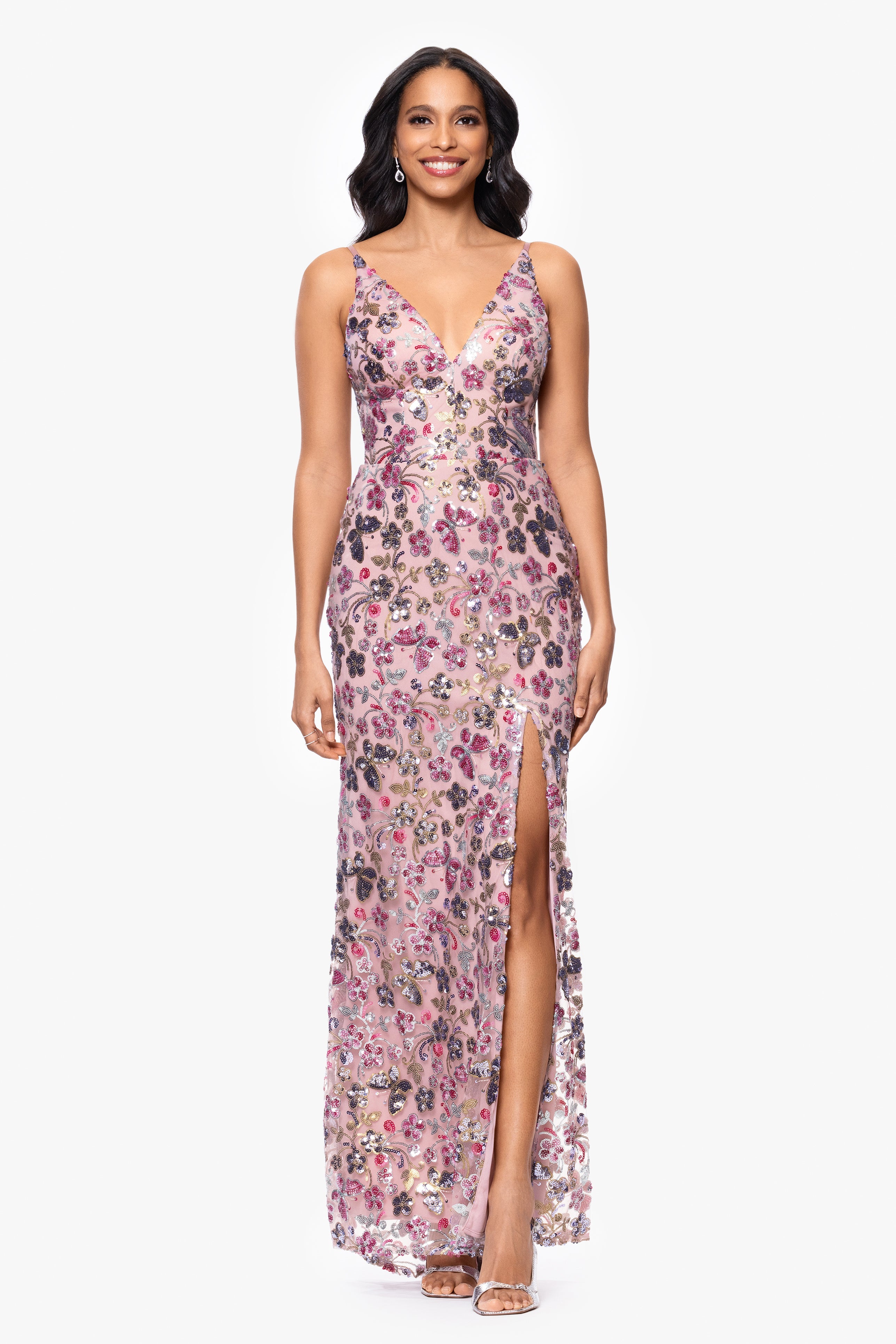 Blondie Nites "Carmen" Sequin Pattern V-Neck Floor Length Dress