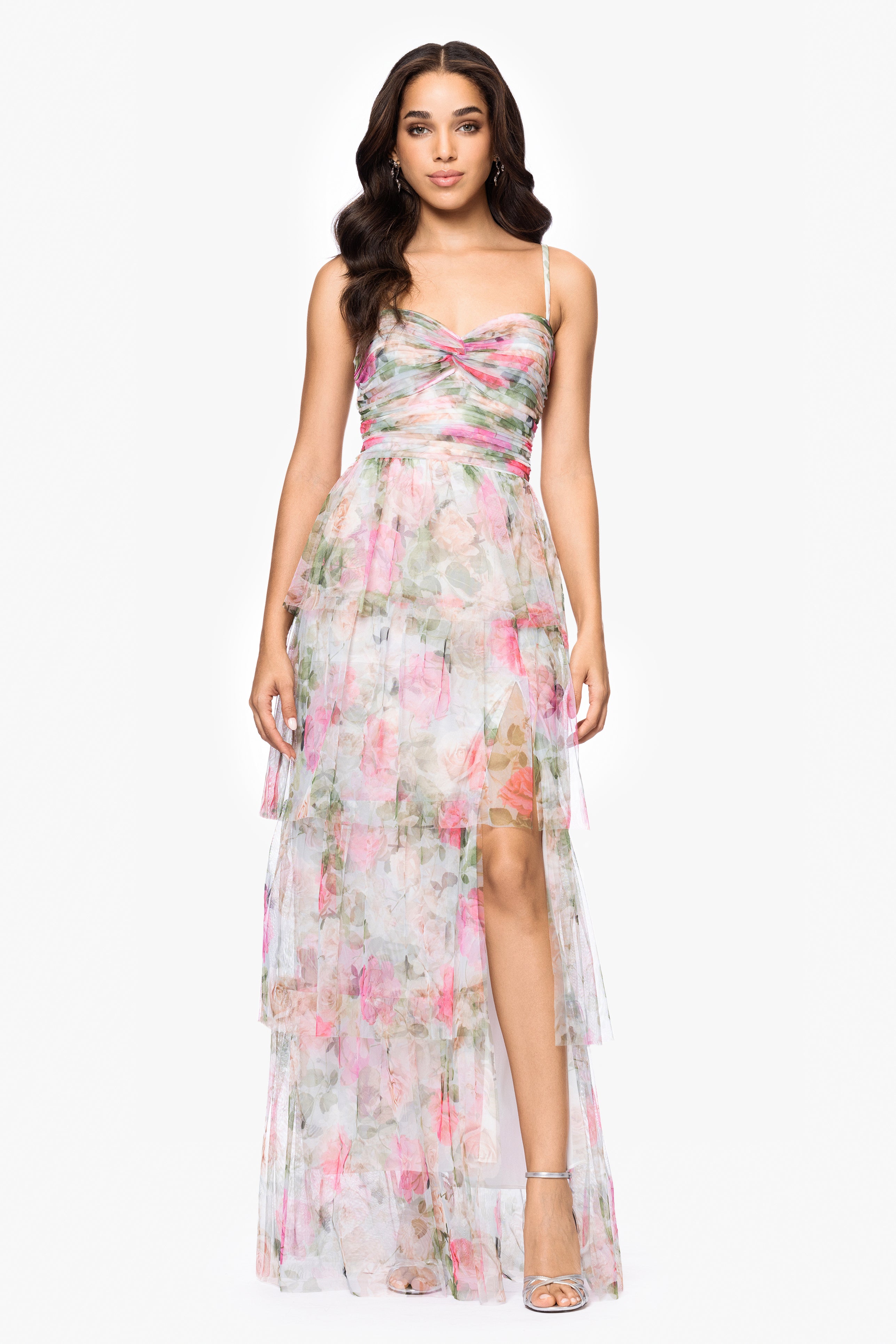 Blondie Nites "Millie" Print Mesh Tiered Ruffle Floor Length Dress