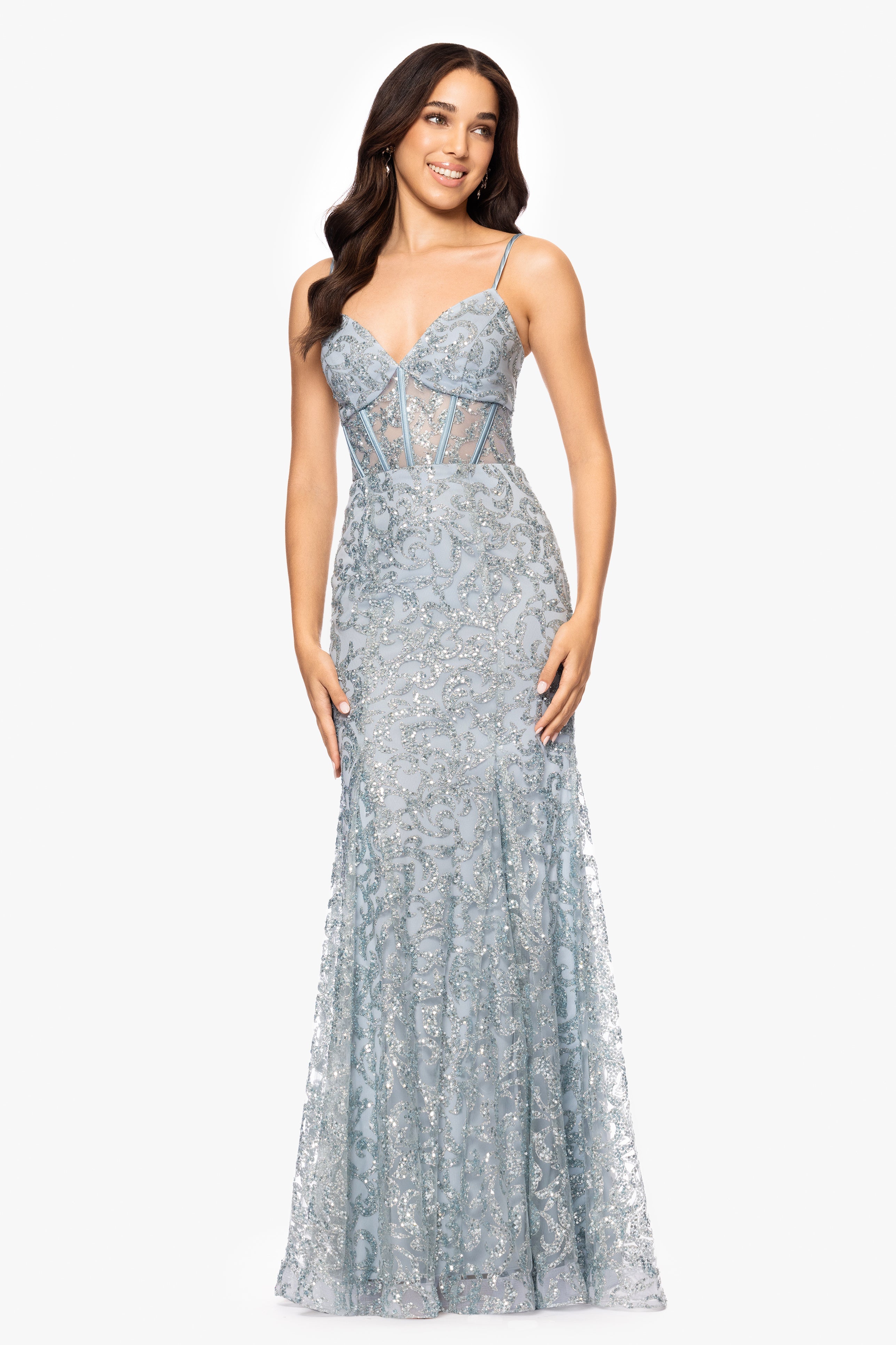 Betsy & Adam Petite Size High-Low Ruffle Hem Crew Neck Sleeveless Glitter  Knit Mermaid Gown | Dillard's