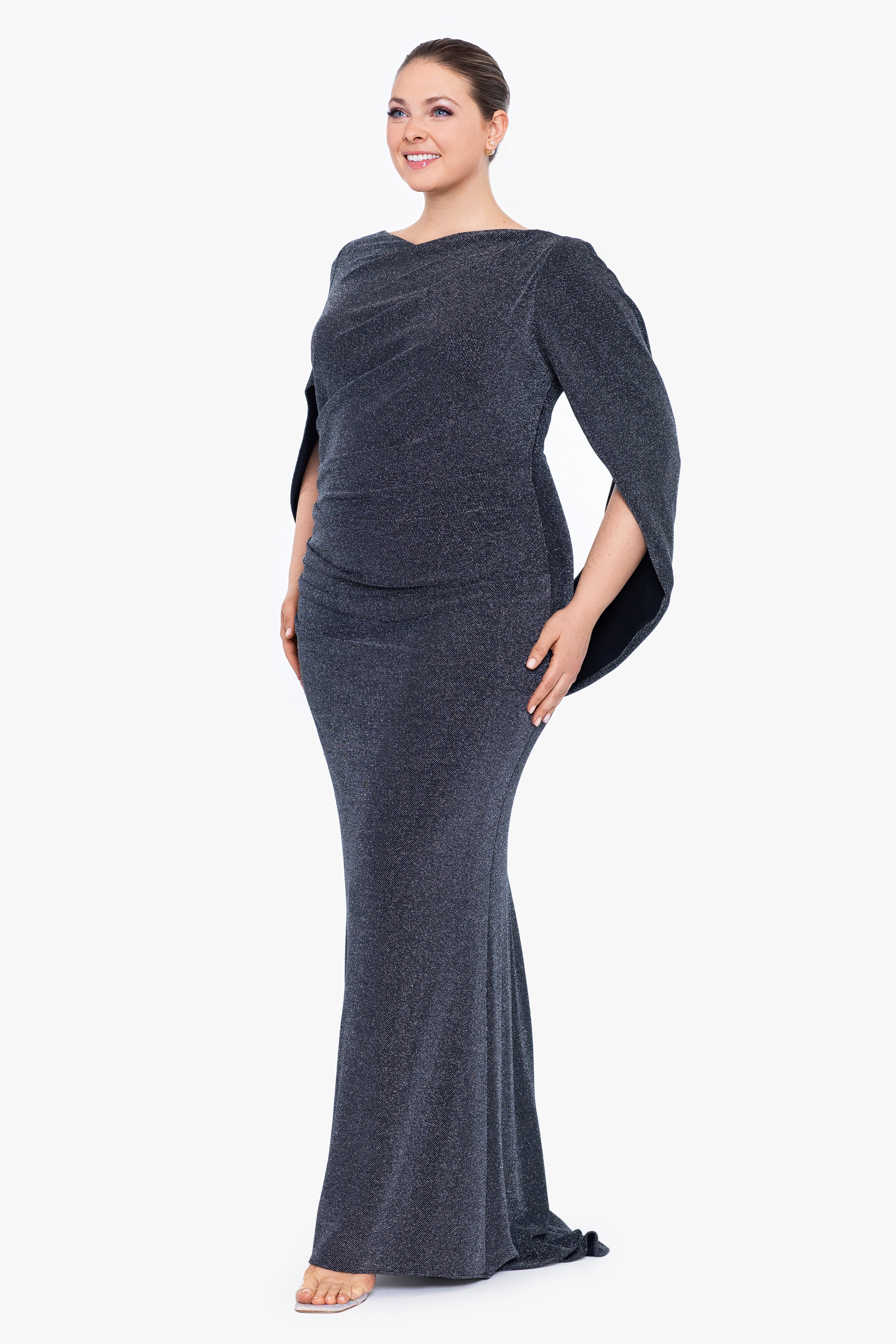 Plus "Jenna" Long Metallic Gown Draped Back