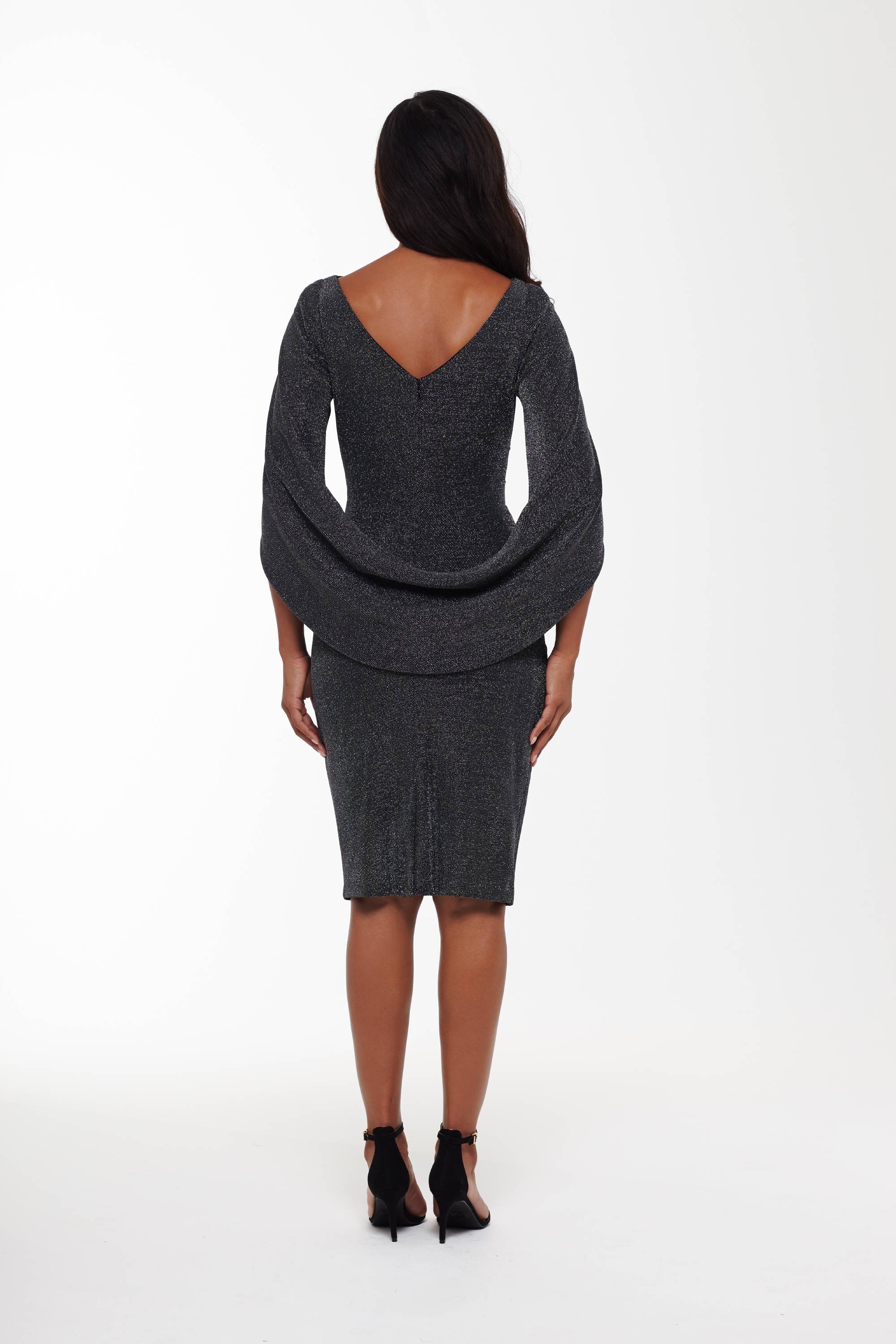 "Aurora" Short Metallic Knit Drape Back Dress