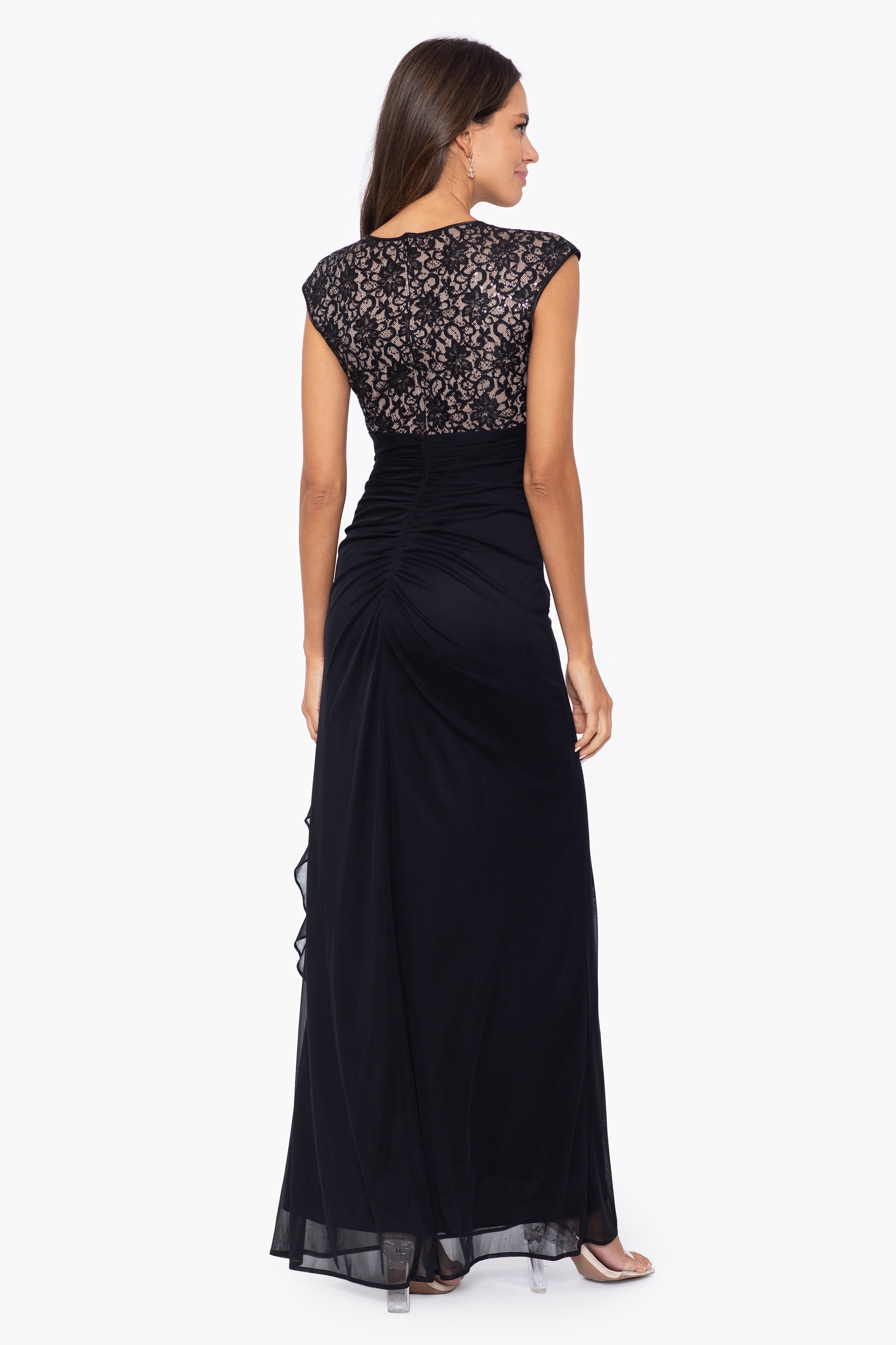 "Anya" Long Jersey Knit Lace Bodice Gown