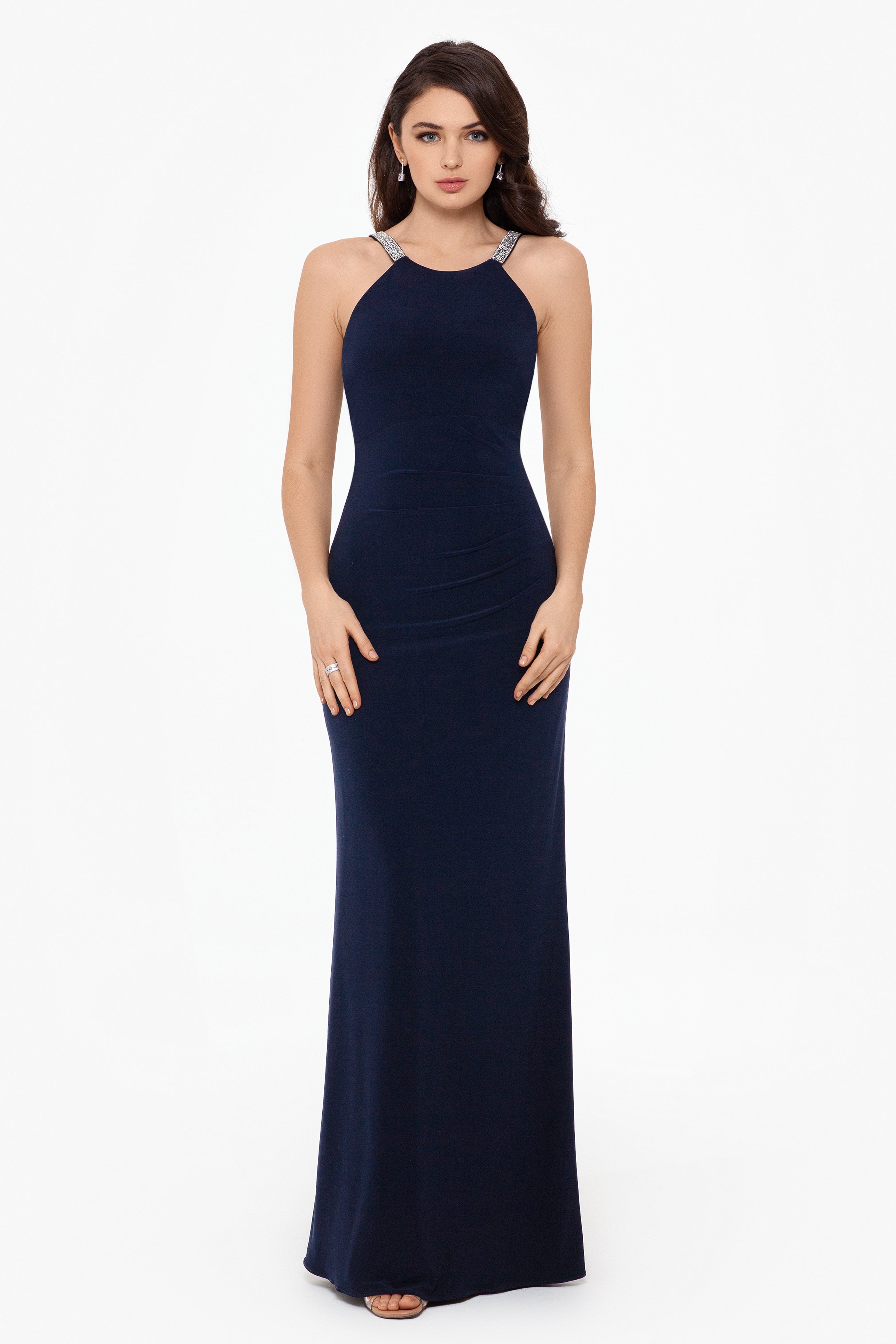 "Jayleen" High Neck Side Ruched Stretch Knit Gown - Betsy & Adam