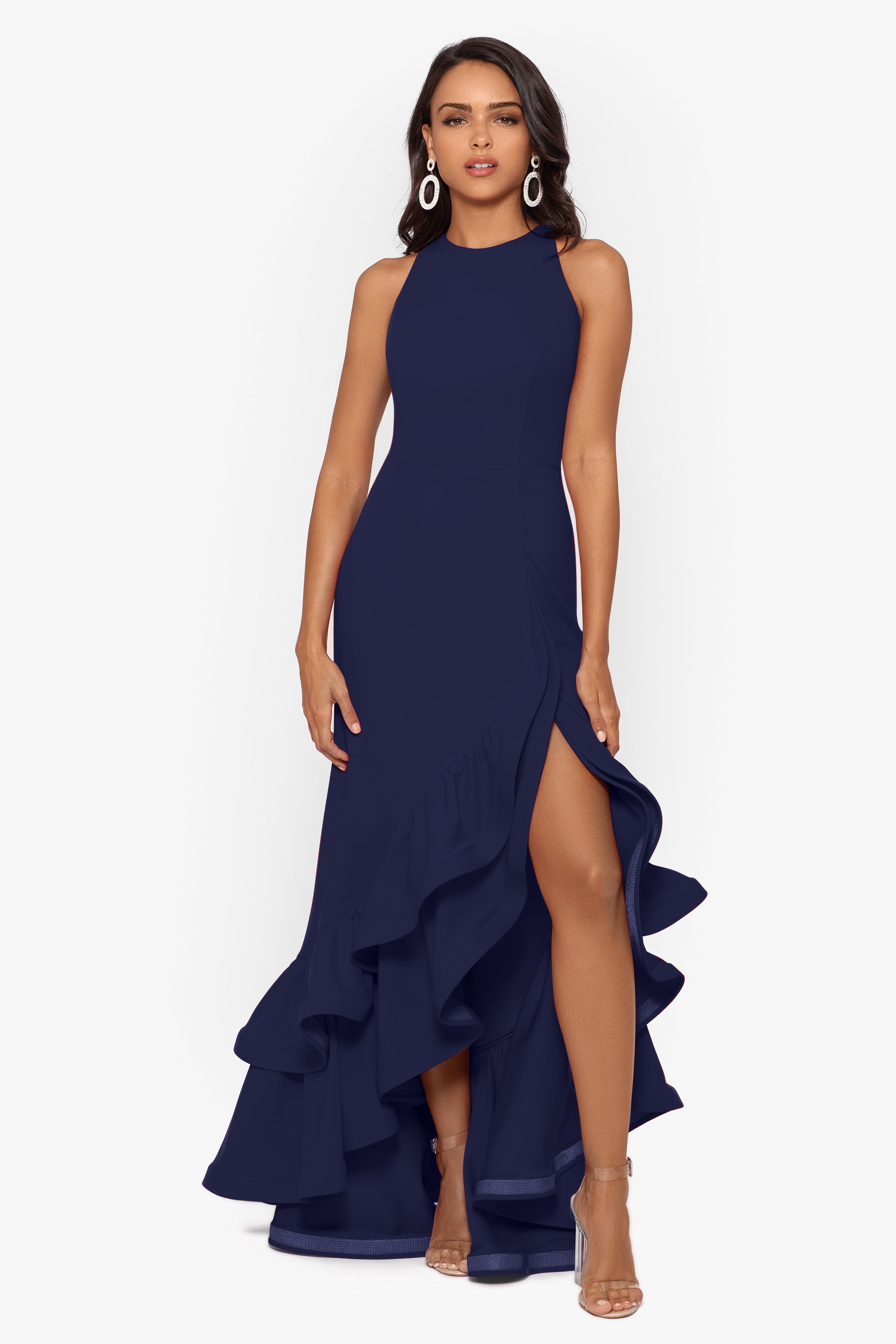 "Arielle" Scuba Crepe Ruffle Slit Gown - Betsy & Adam