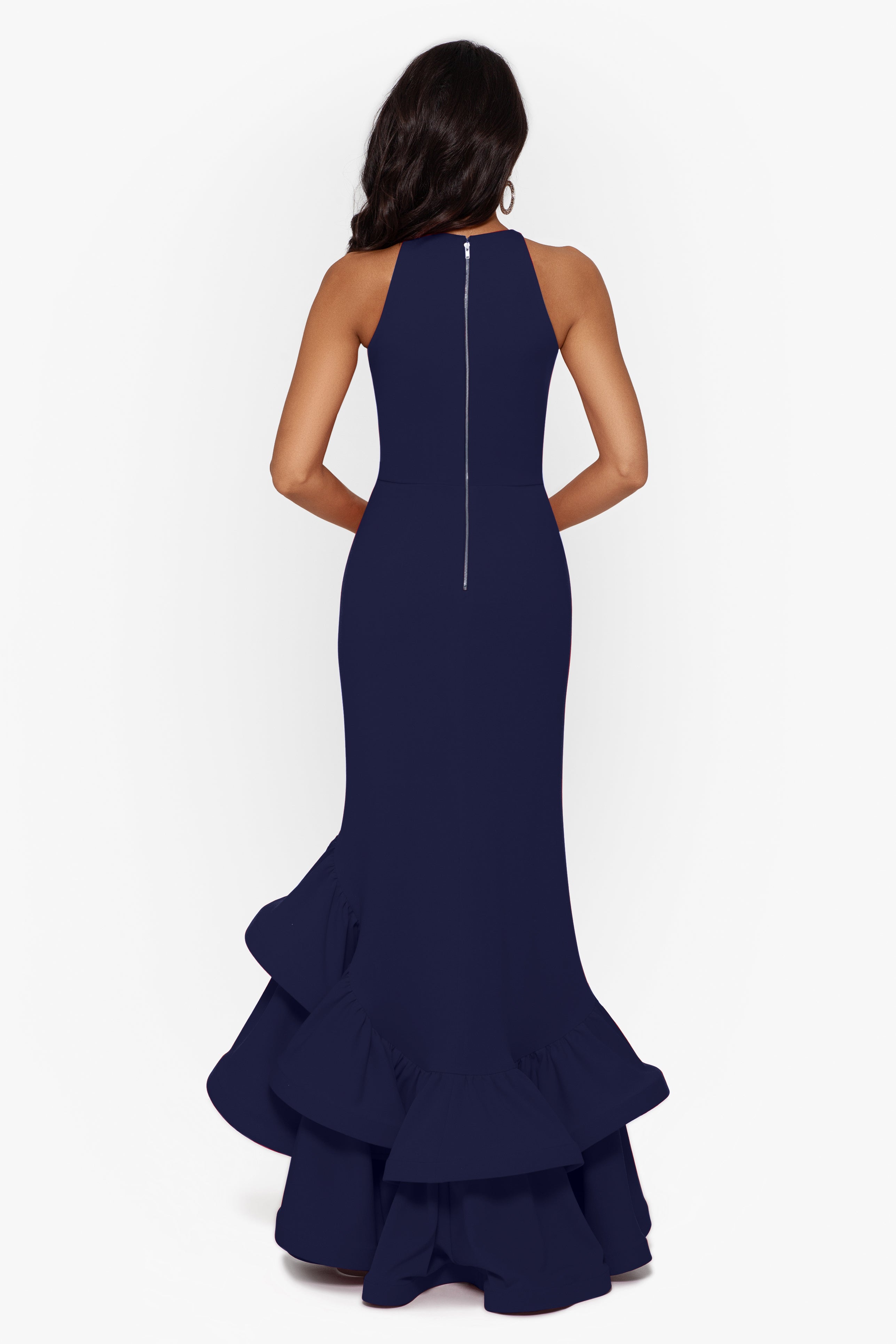 "Arielle" Scuba Crepe Ruffle Slit Gown - Betsy & Adam