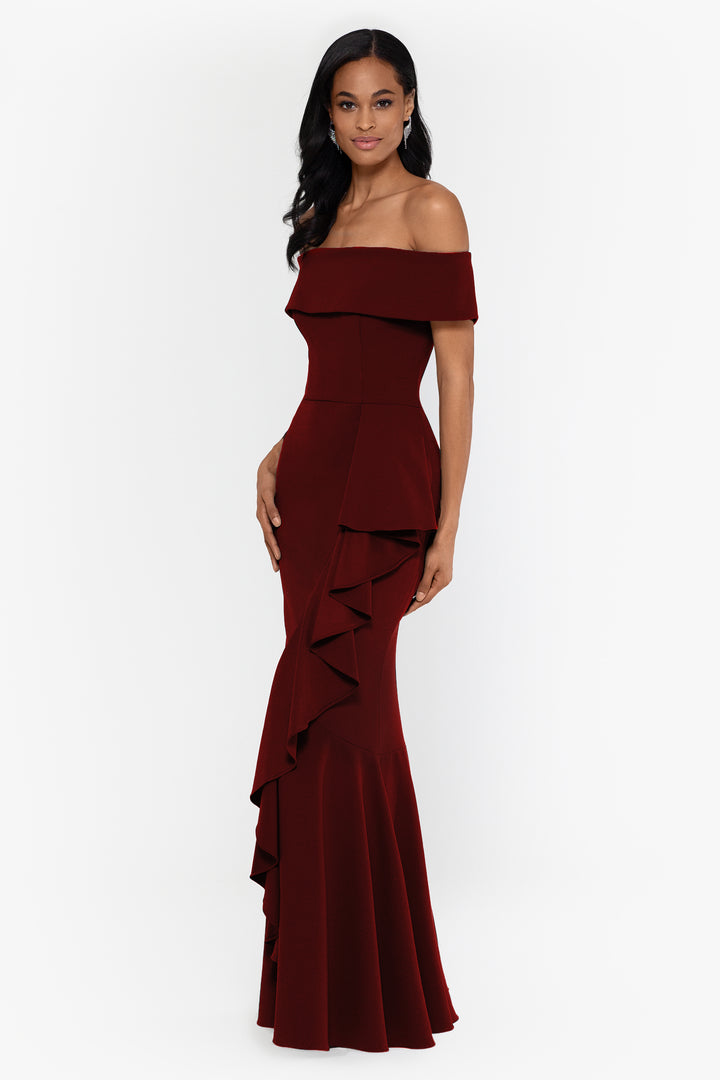 Petite "Carina" Long Off the Shoulder Ruffle Dress