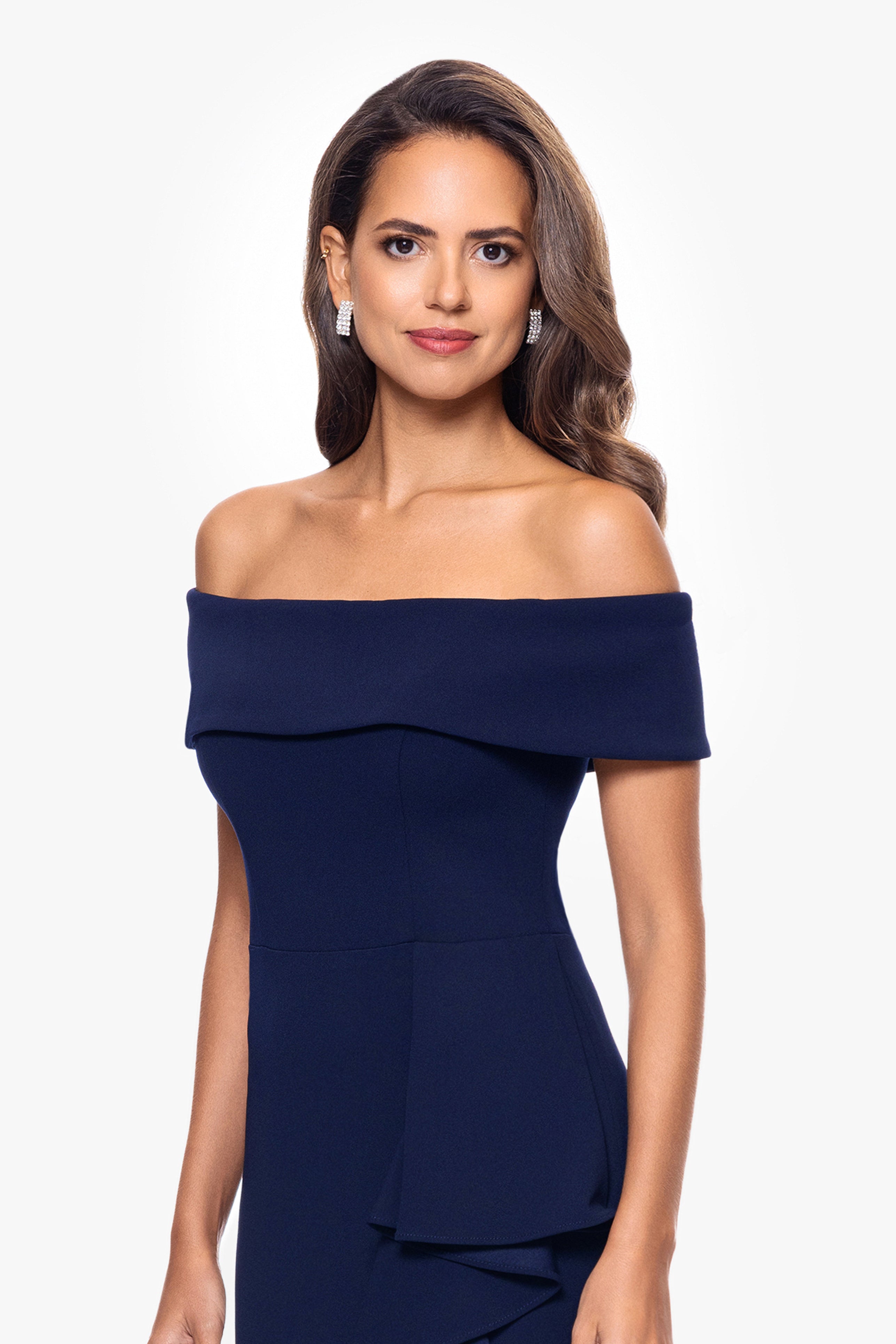 Petite "Carina" Long Off the Shoulder Ruffle Dress