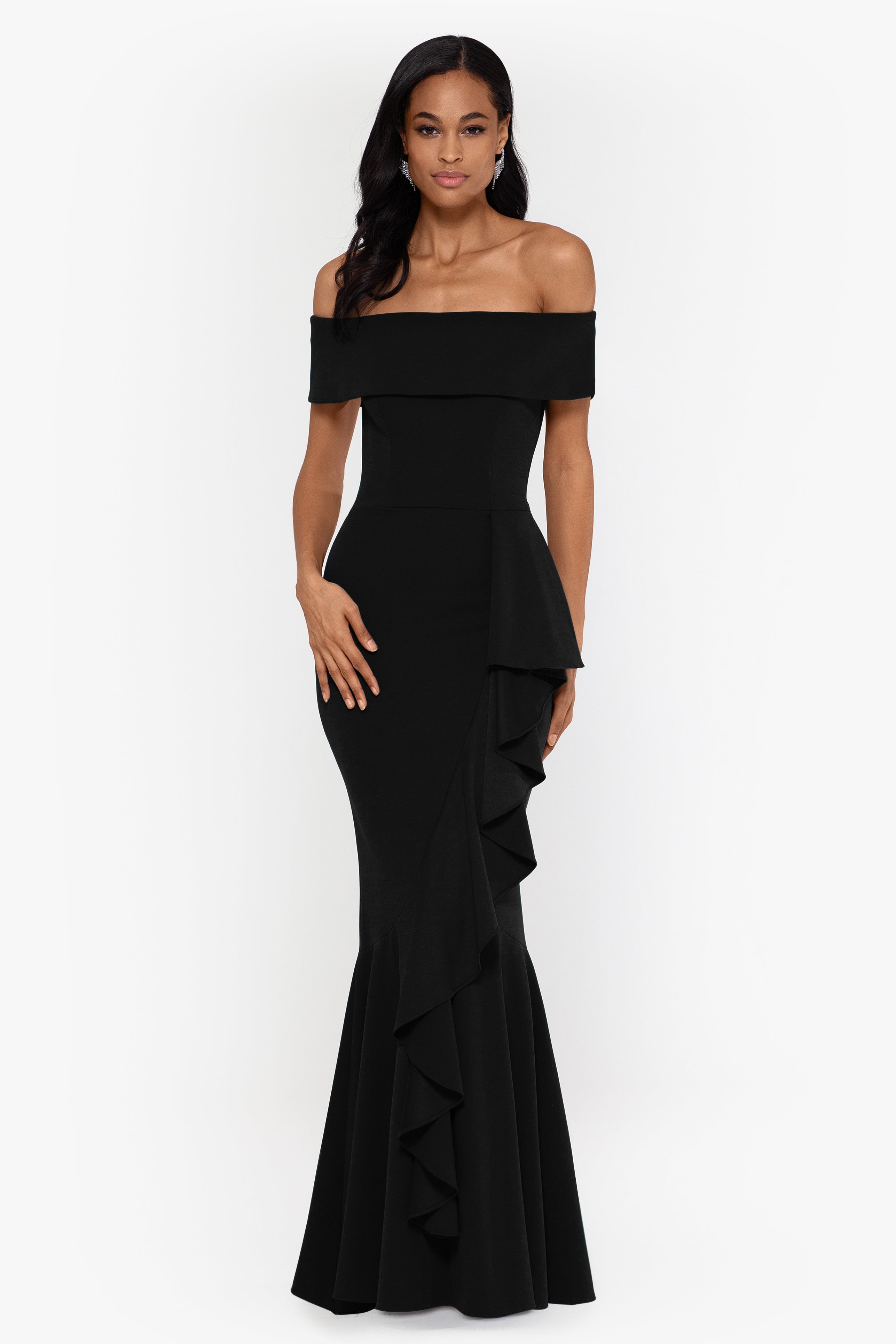 "Carina" Long Off the Shoulder Ruffle Dress - Betsy & Adam