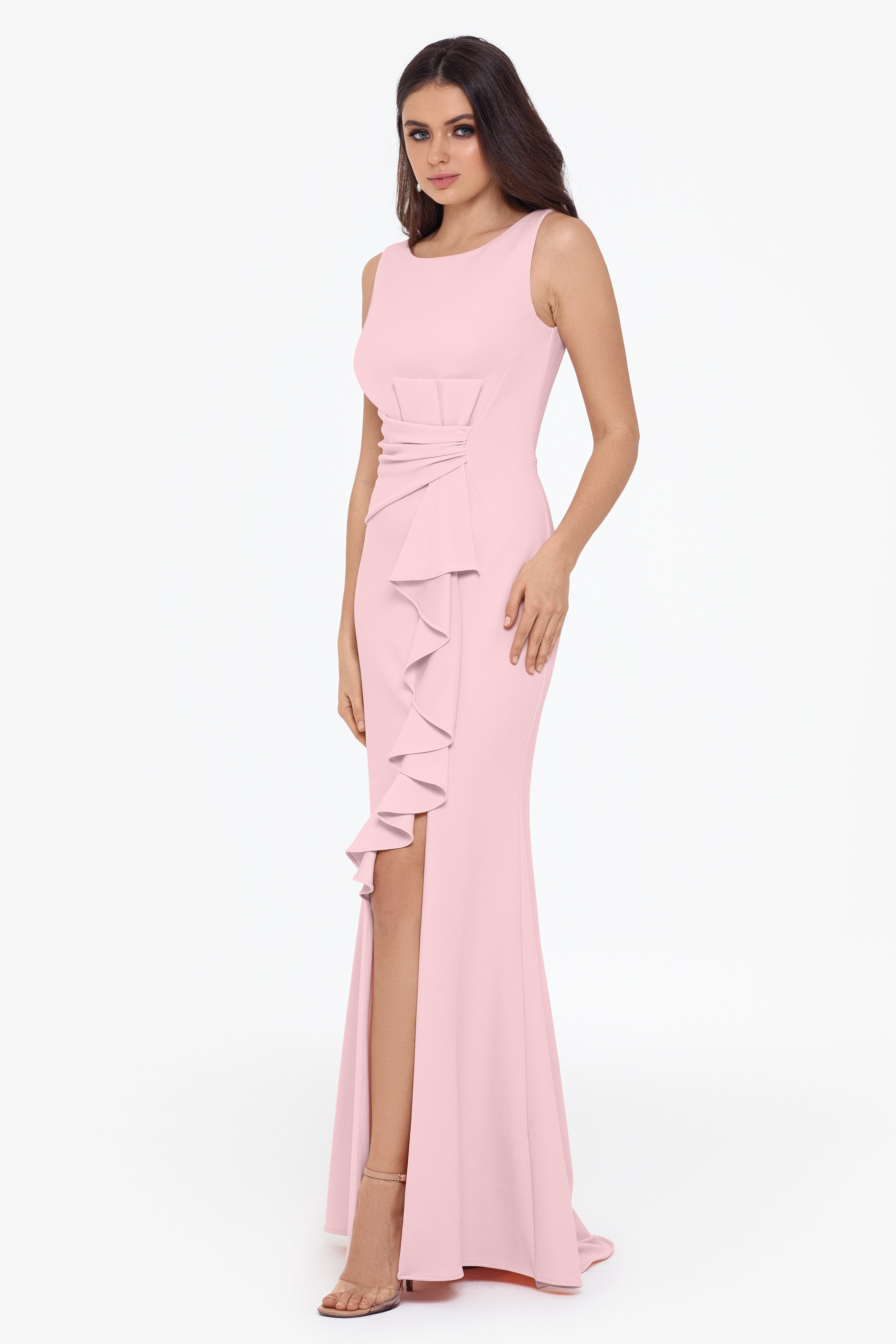 Petite "Christine" Scuba Crepe Ruffled Bow Gown