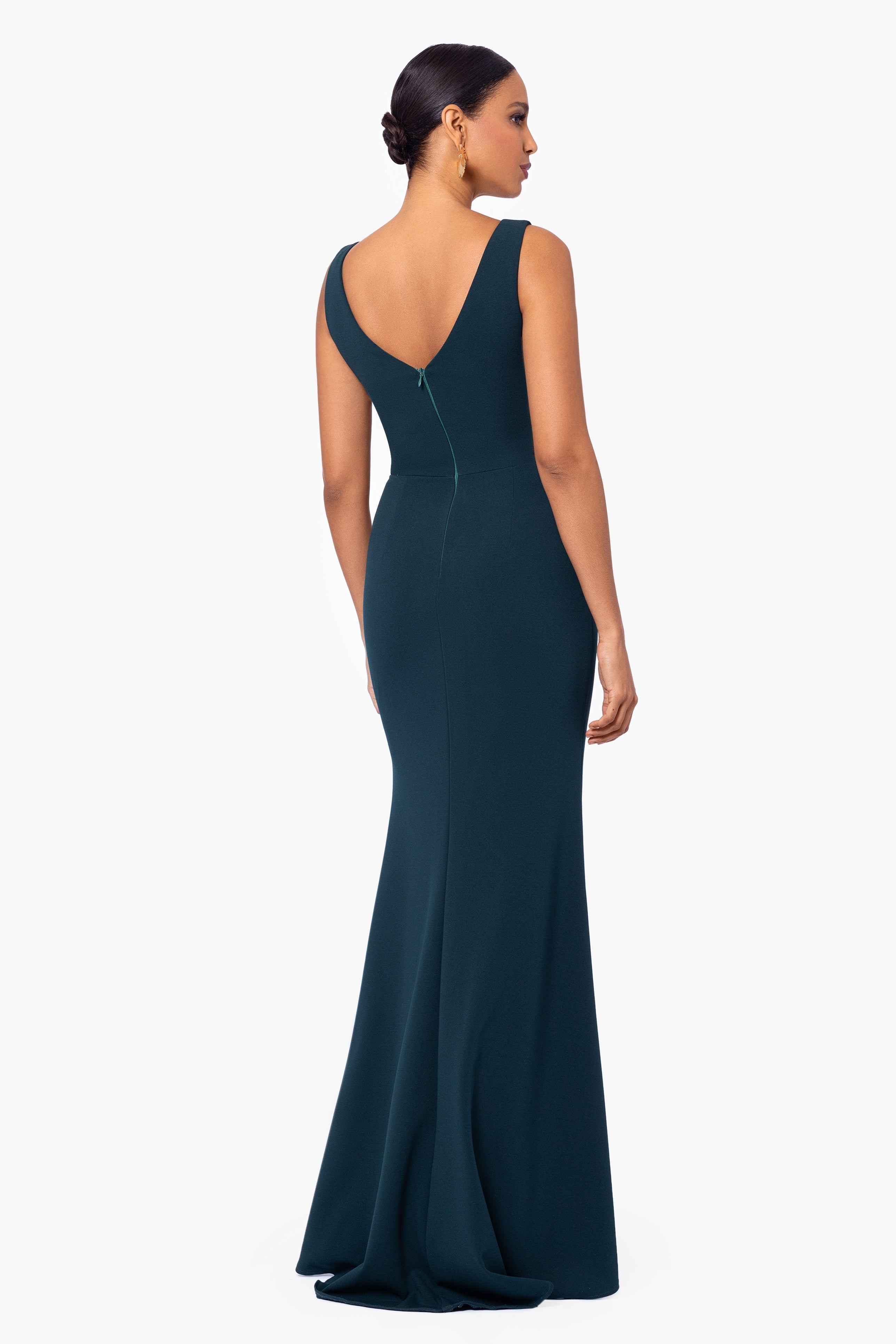 Petite "Christine" Scuba Crepe Ruffled Bow Gown