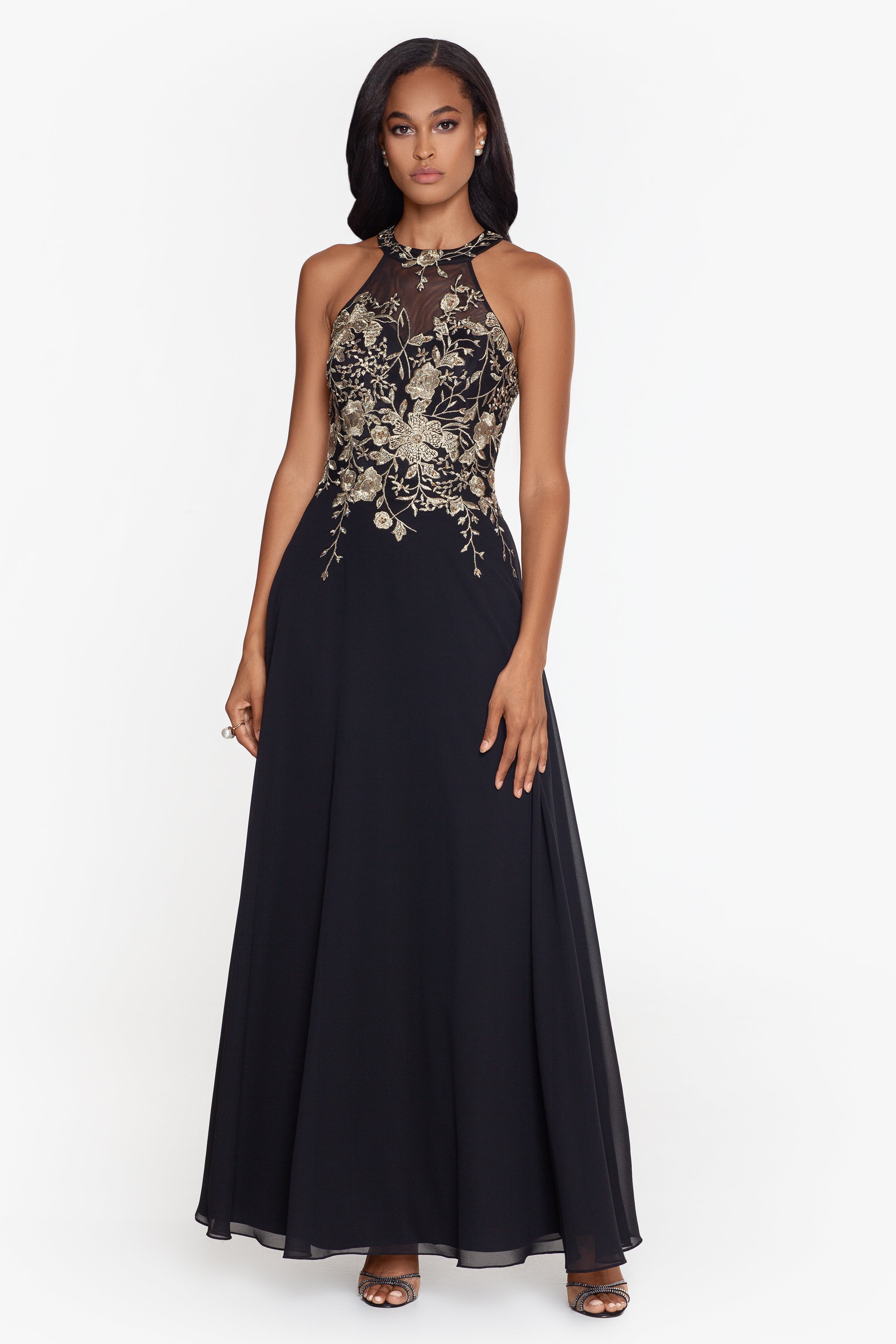 "Celeste" Long Embroidered Chiffon Gown - Betsy & Adam