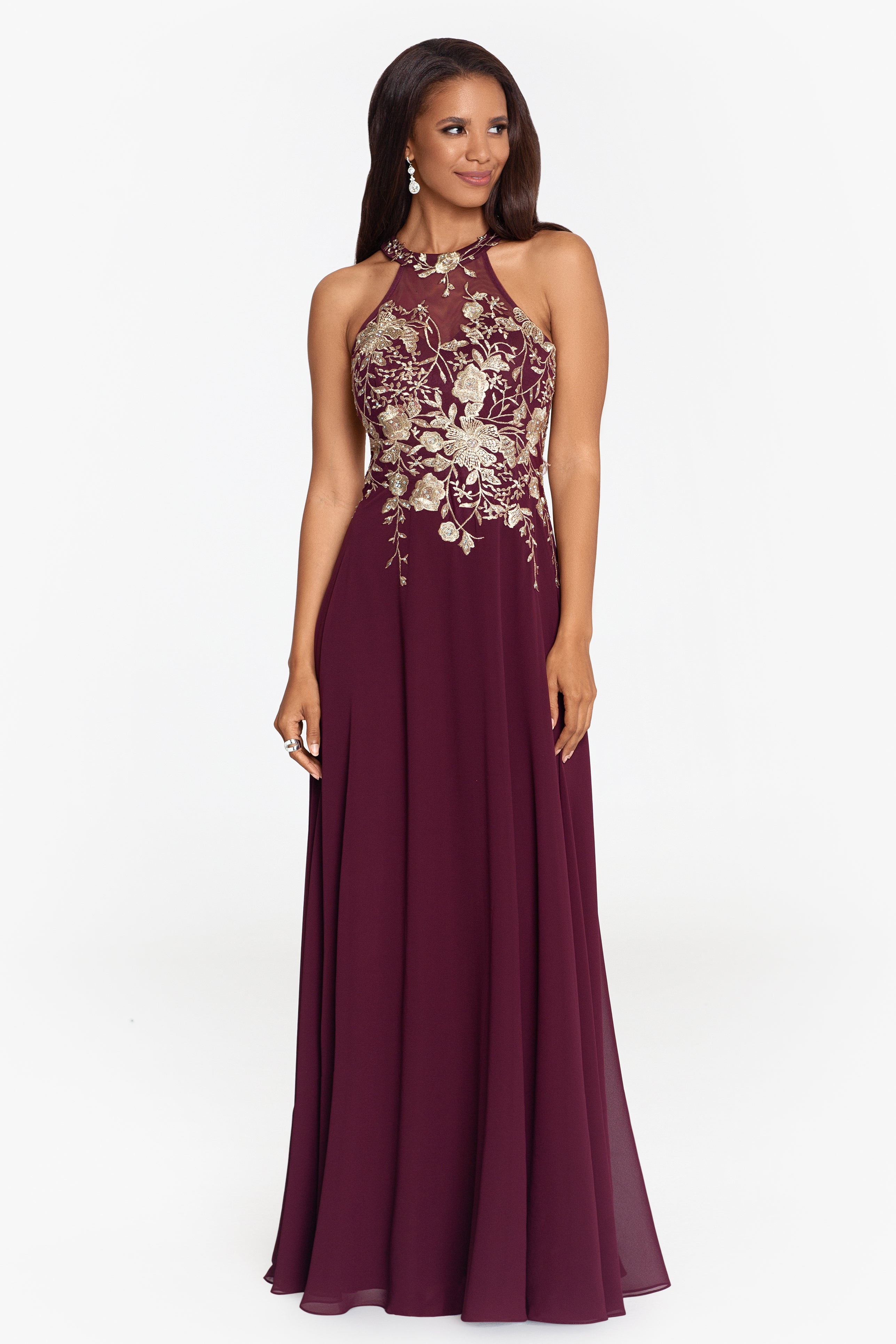 "Celeste" Long Embroidered Chiffon Gown - Betsy & Adam