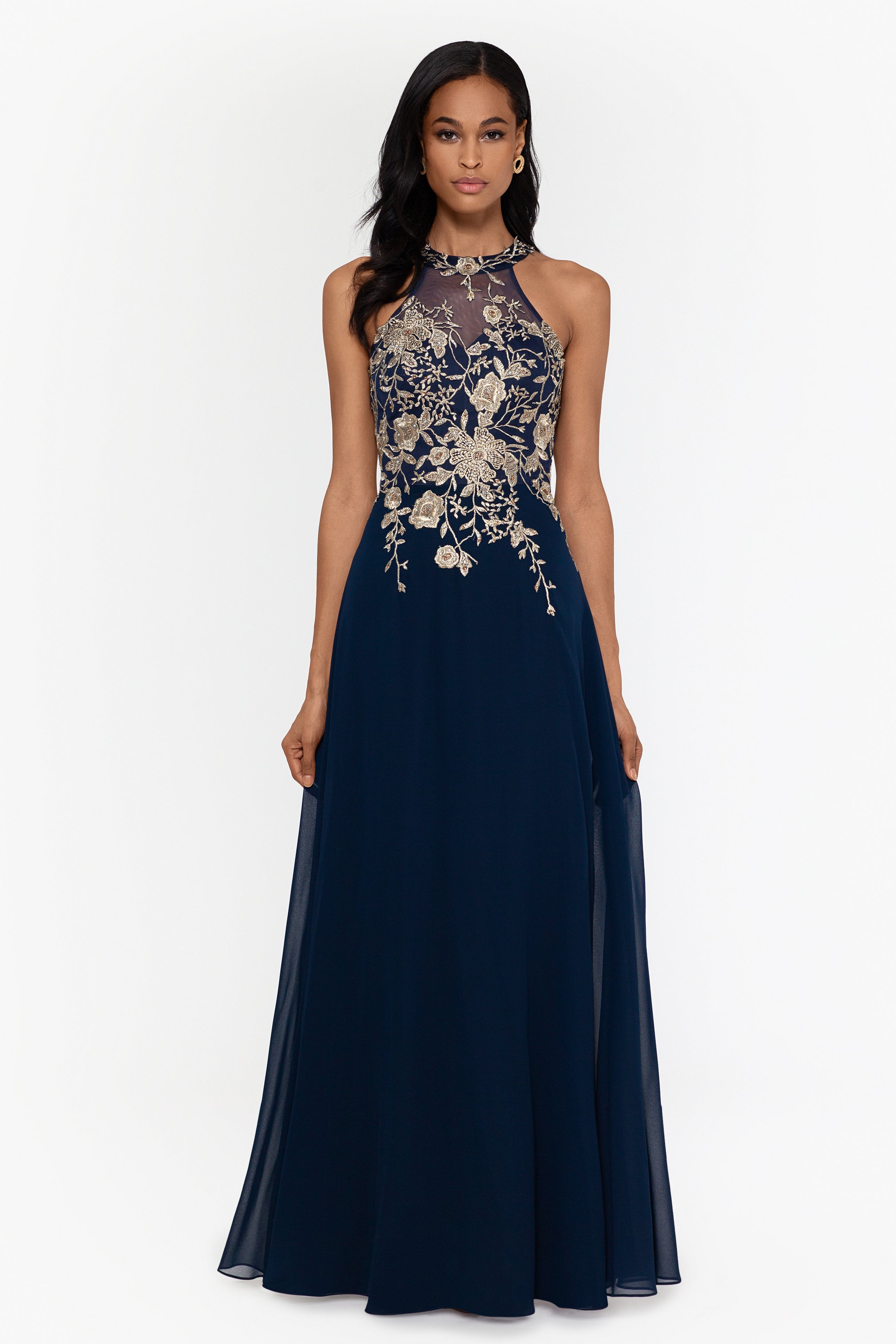 Navy blue and gold gown sale