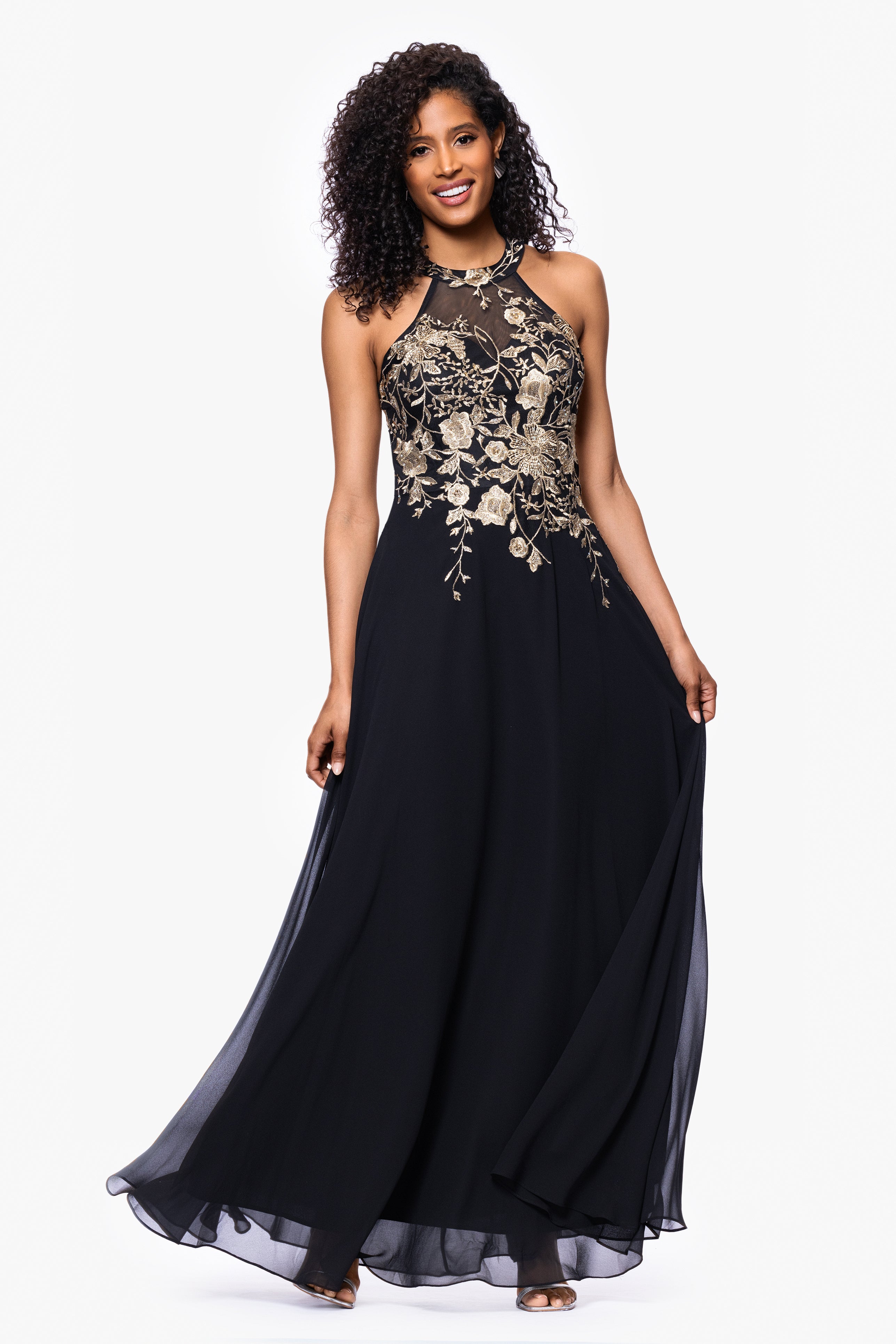 Petite "Celeste" Long Embroidered Chiffon Gown