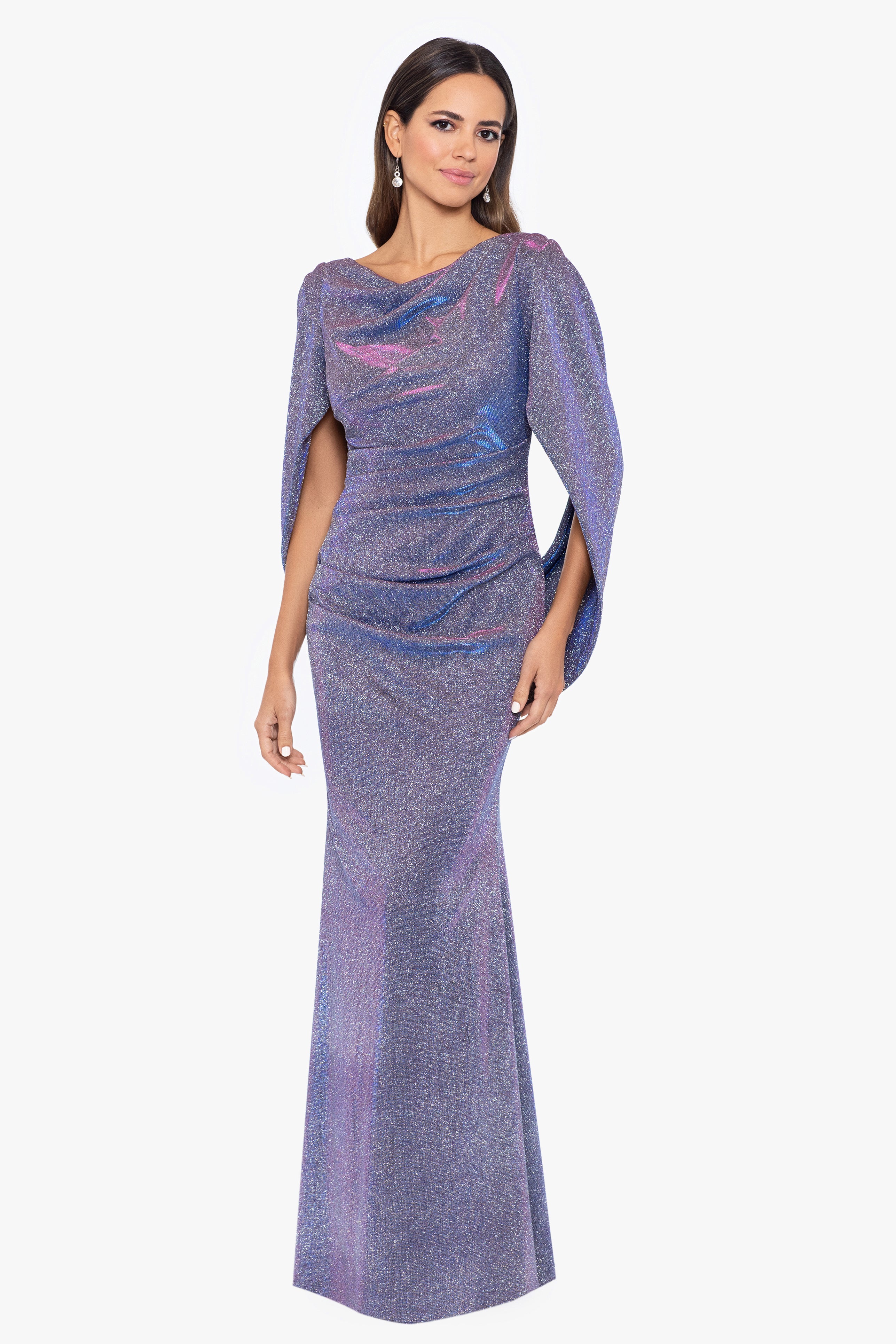 Petite "Gracie" Galaxy Knit Glitter Draped Gown