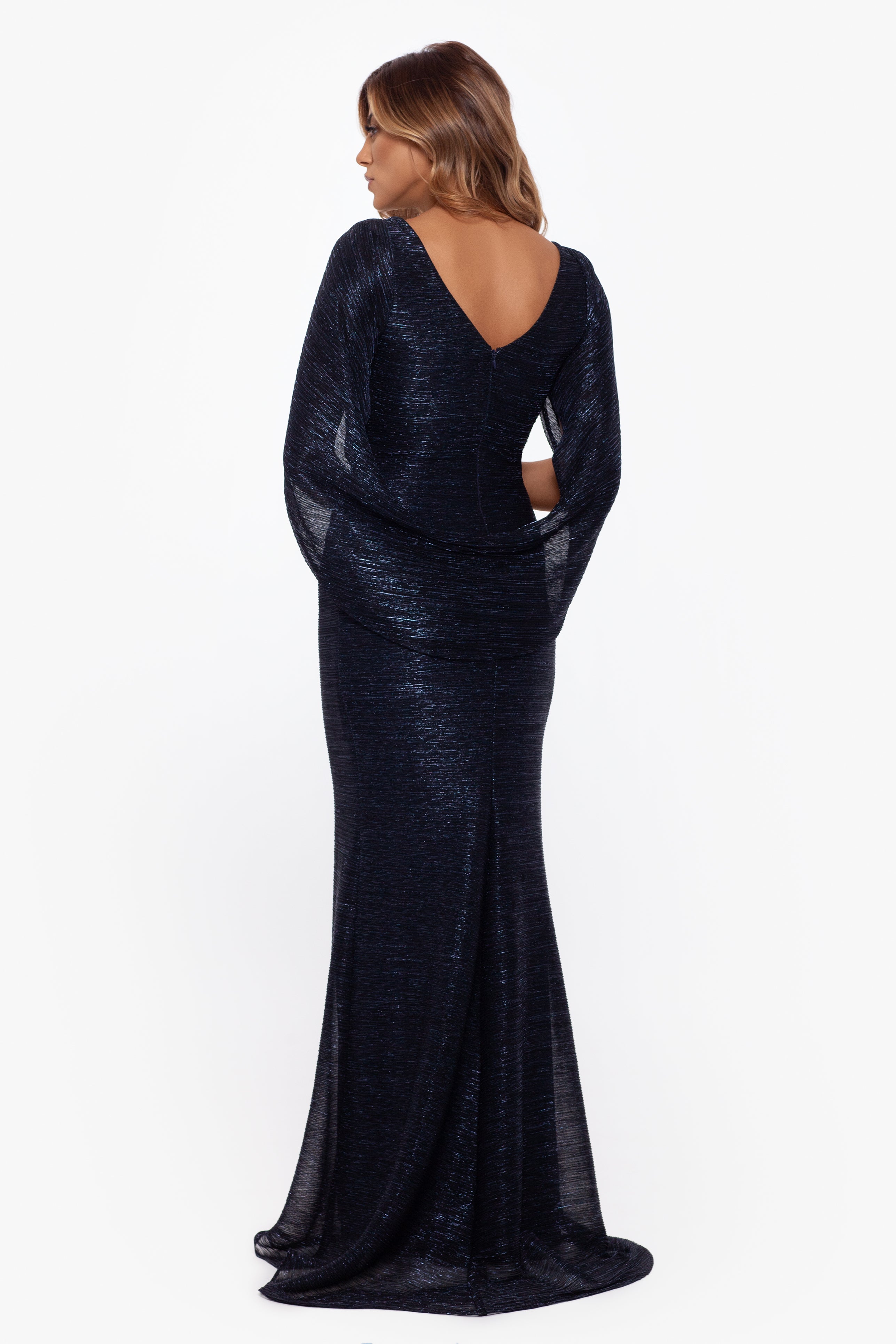 "Elaine" Long Metallic Crinkle Cowl Neck Back Dress