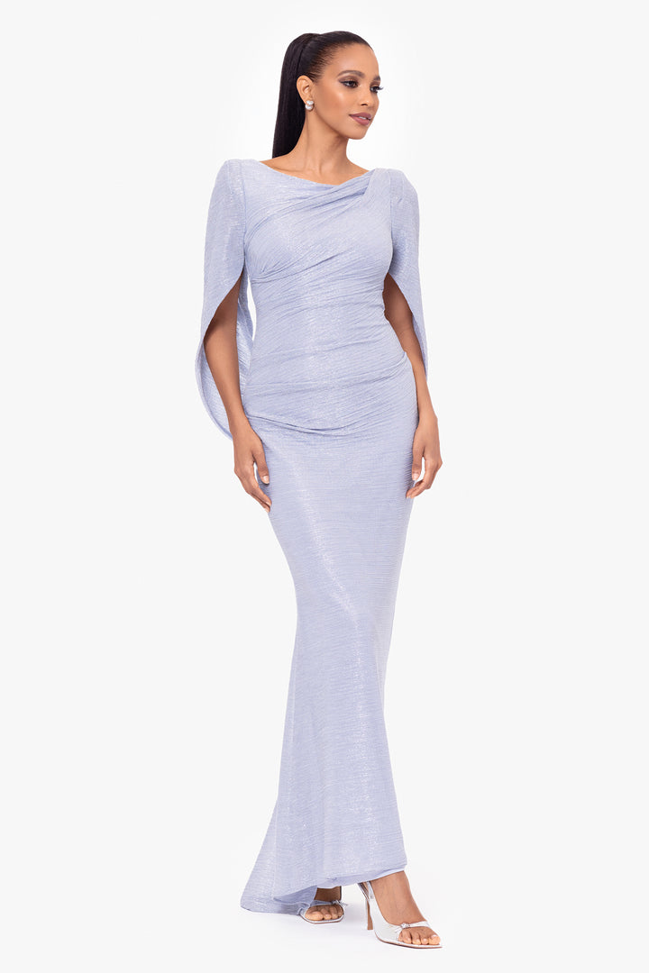 "Elaine" Long Metallic Crinkle Cowl Neck Back Dress