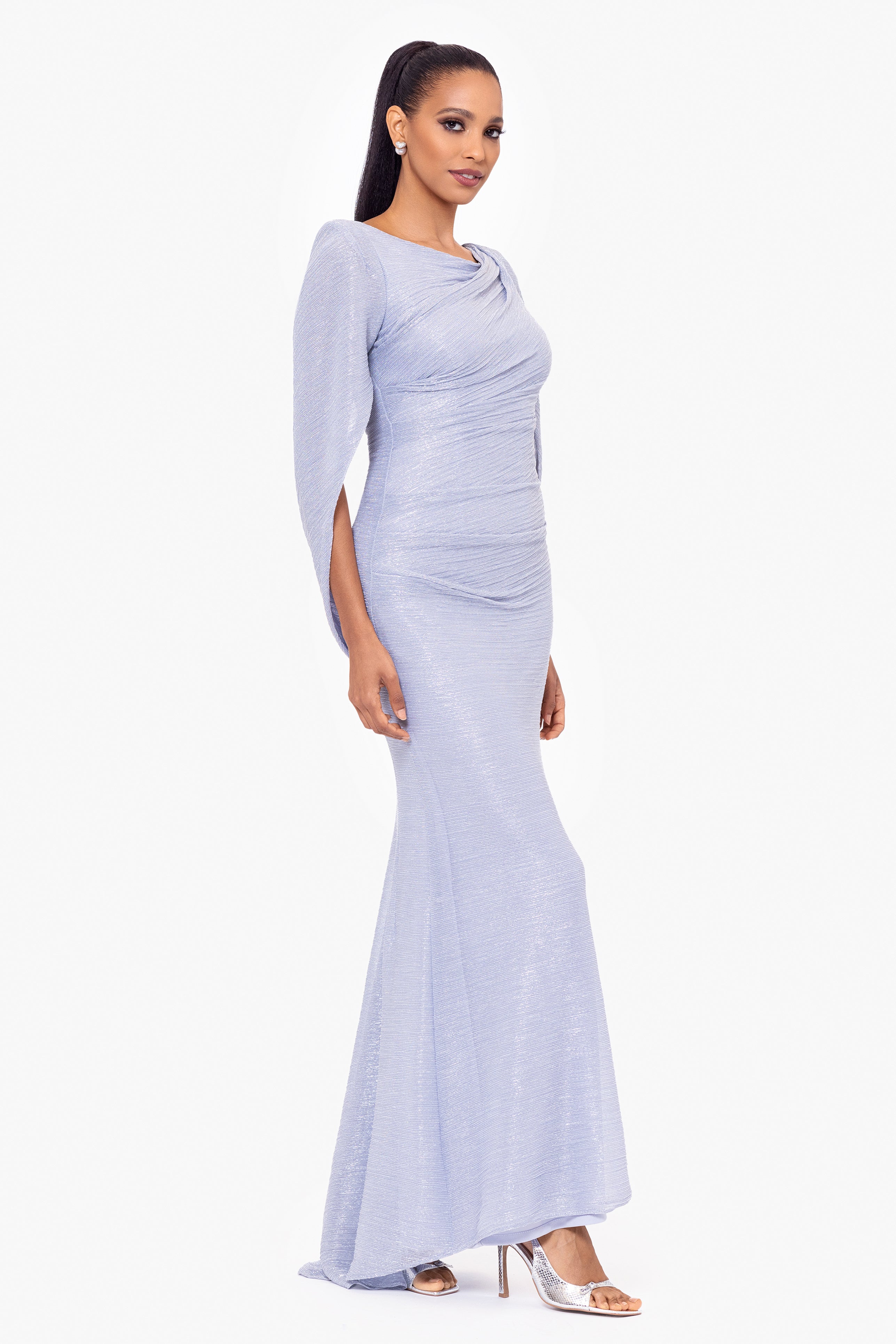 "Elaine" Long Metallic Crinkle Cowl Neck Back Dress