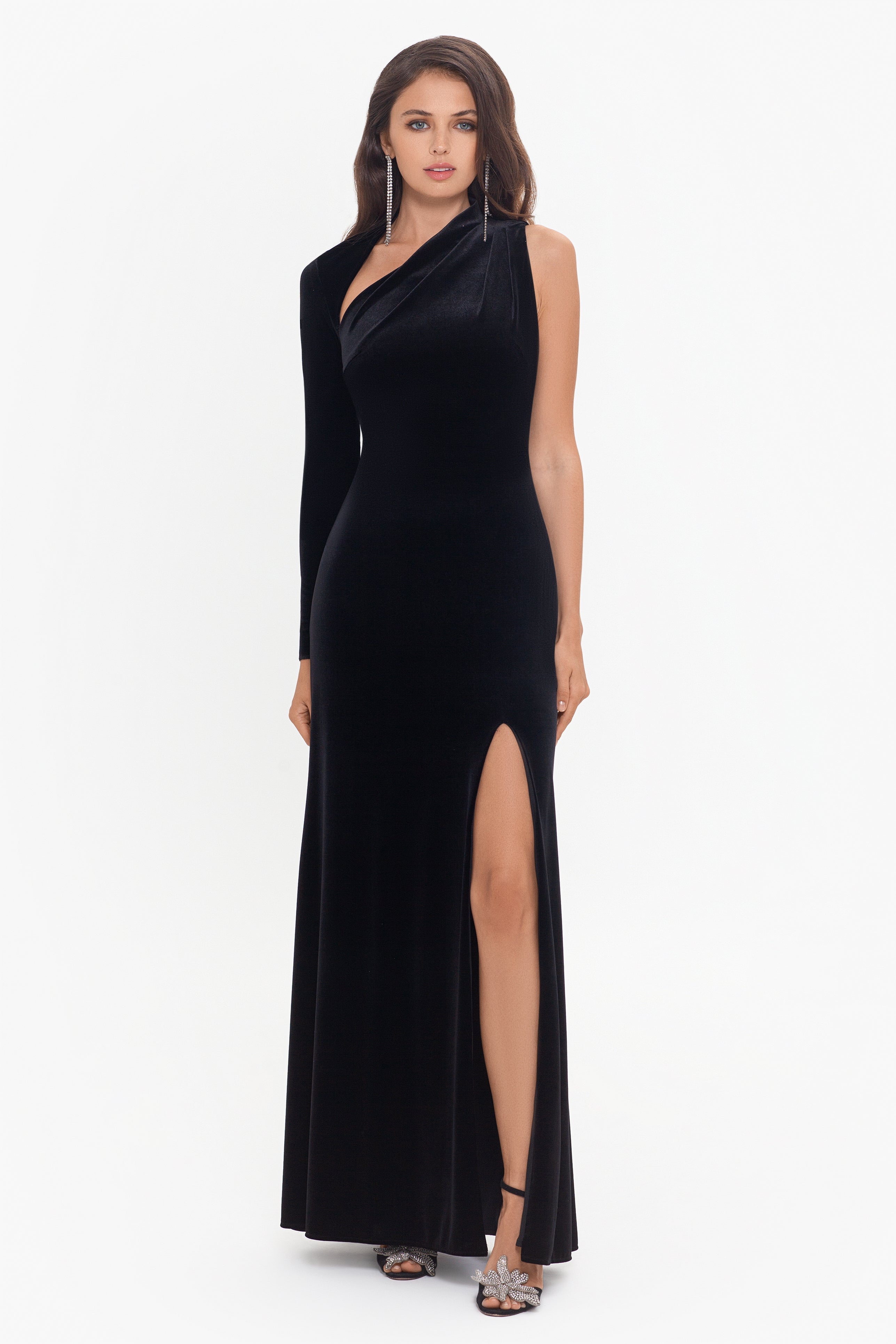 "Gabrielle" Long Sleeve One Shoulder Velvet Dress