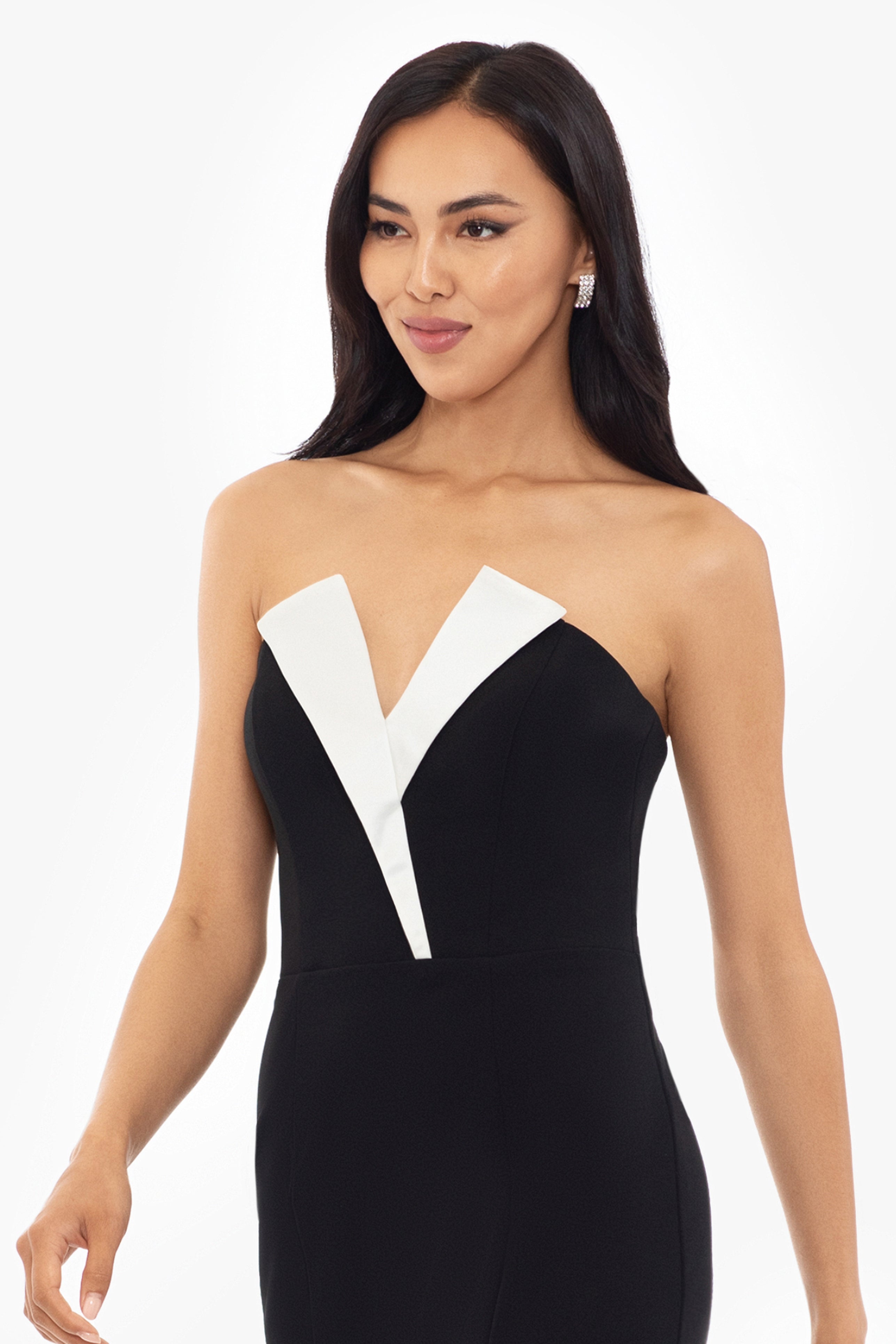 "Violette" Long Strapless V Neck Tuxedo Dress