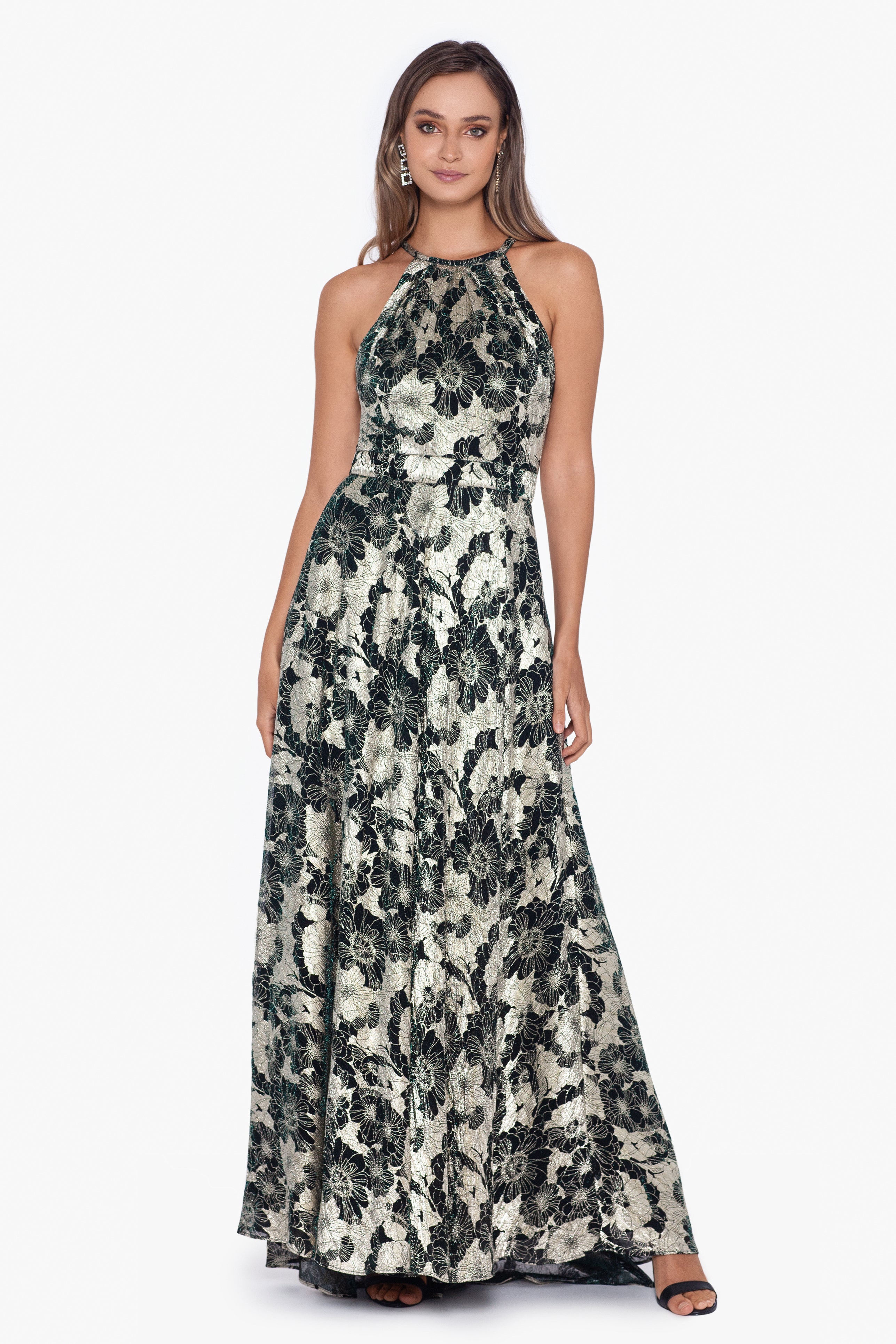 "Layla" Long Halter Top Wrap Foil Print Dress