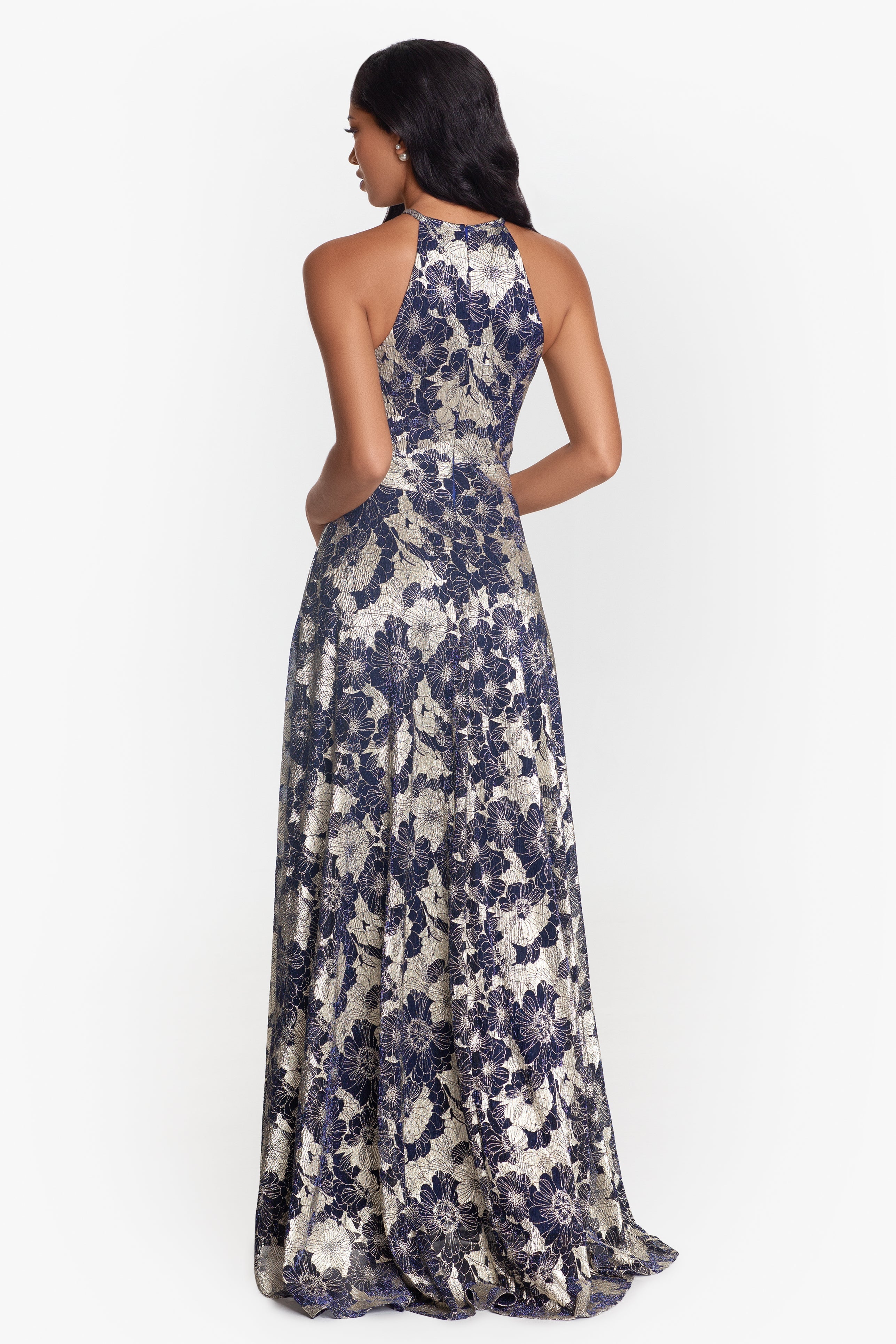 "Layla" Long Halter Top Wrap Foil Print Dress - Betsy & Adam