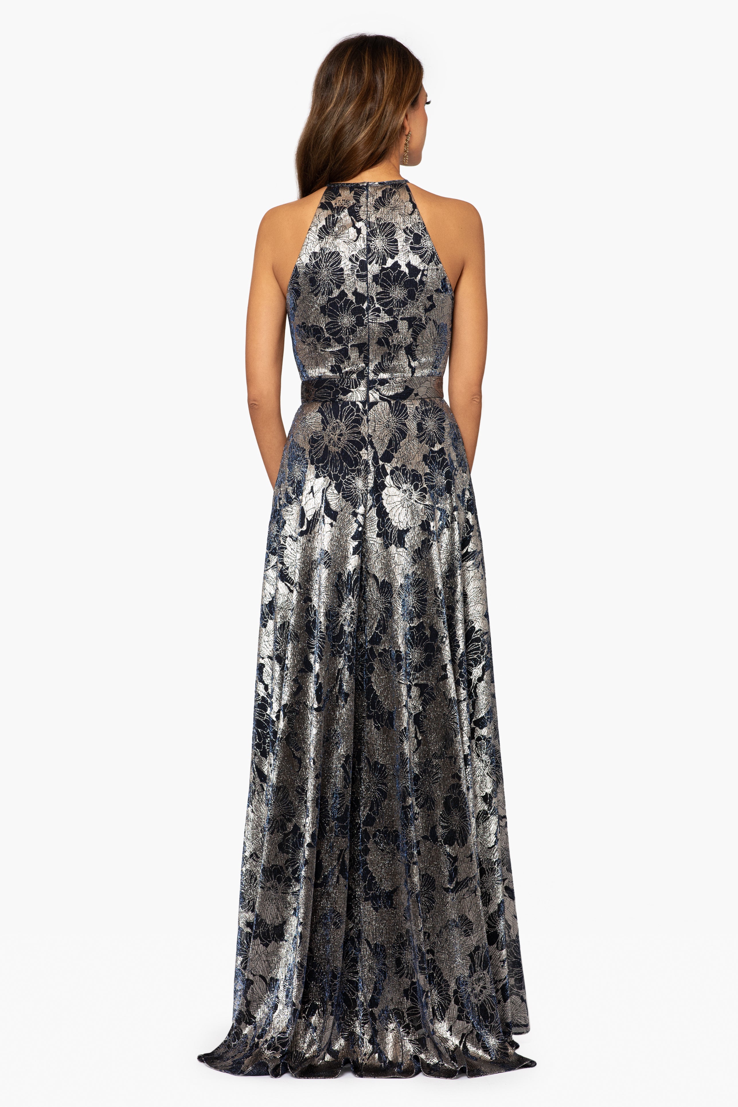 Petite "Layla" Long Halter Top Wrap Foil Print Dress