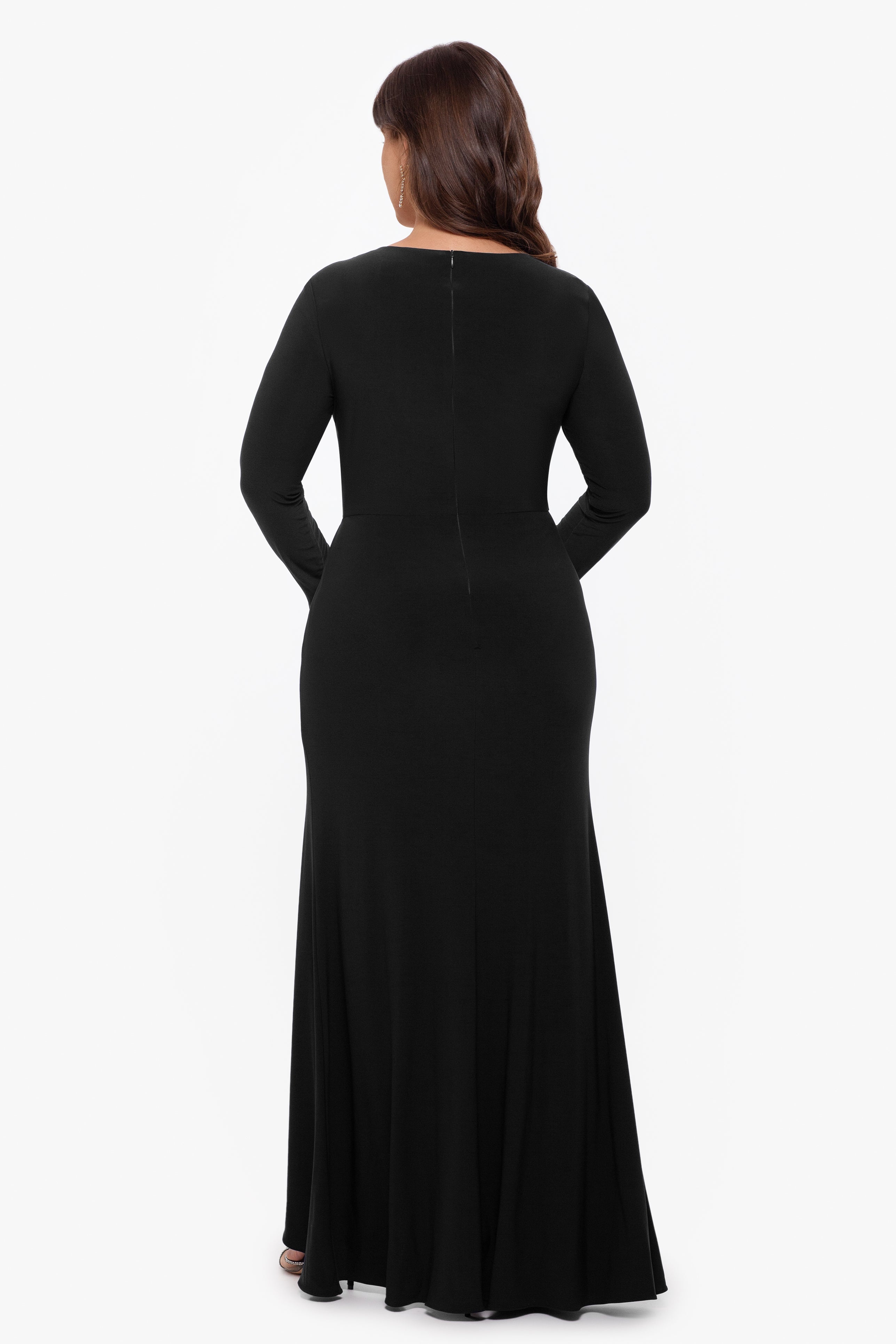 Plus "Elle" Long Sleeve Side Ruffled Slit Gown