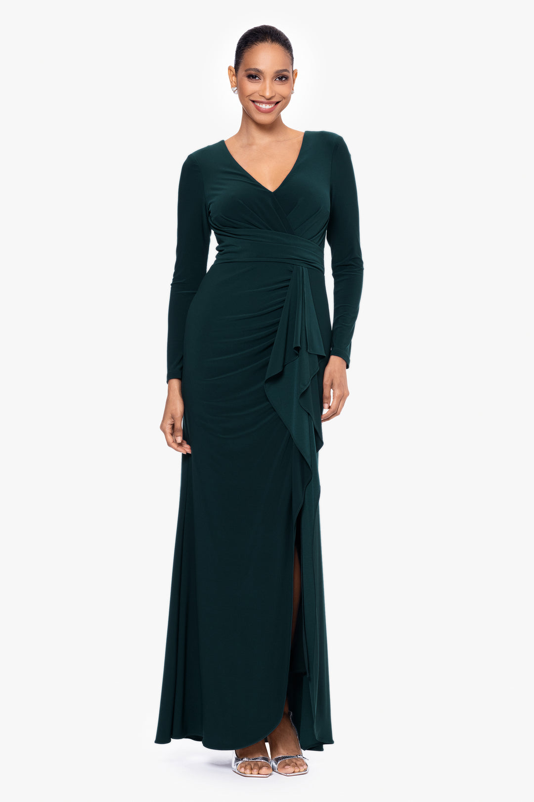 "Elle" Long Sleeve Side Ruffled Slit Gown