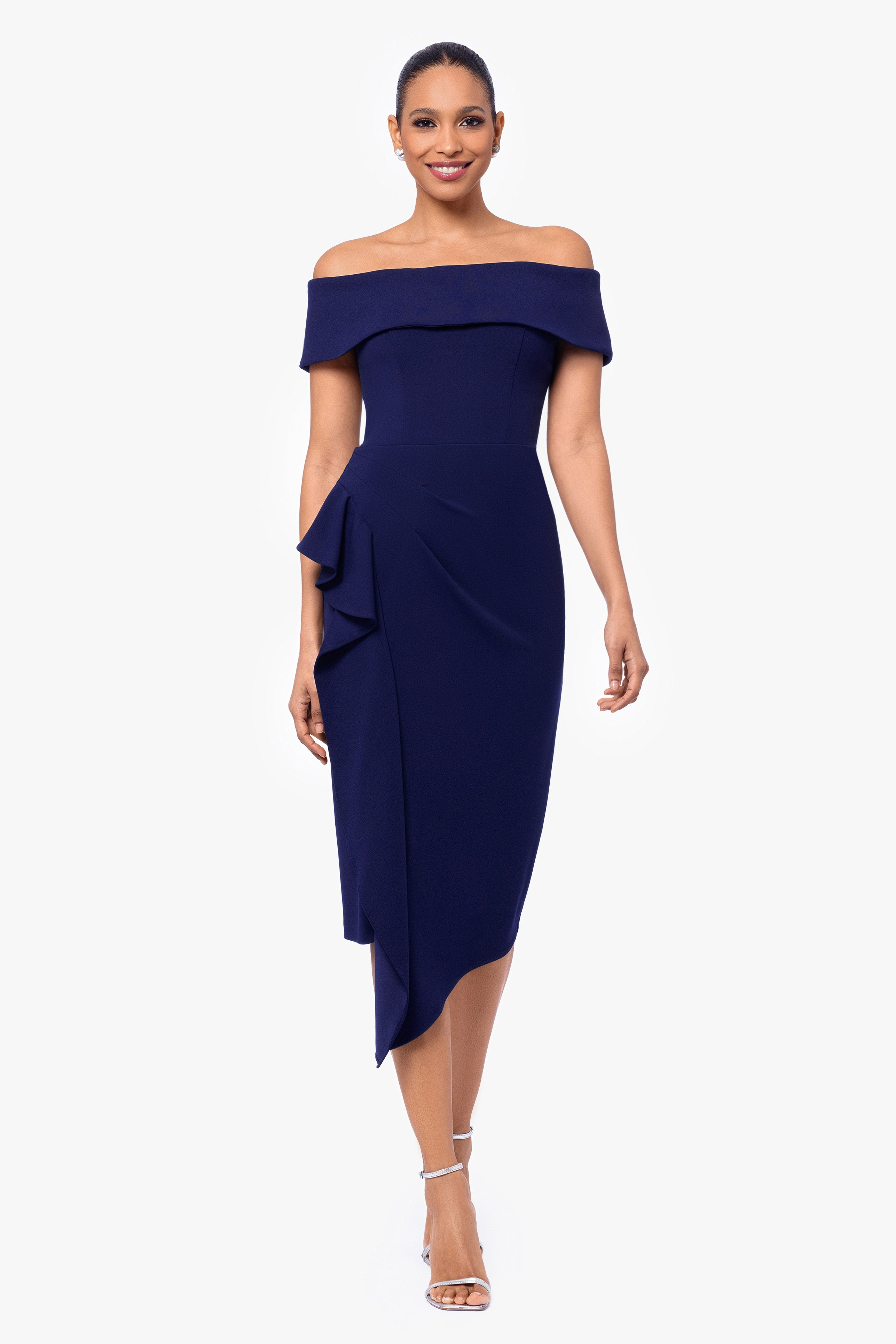 "Maya" Midi Scuba Crepe Off the Shoulder Cuff Side Ruching Dress