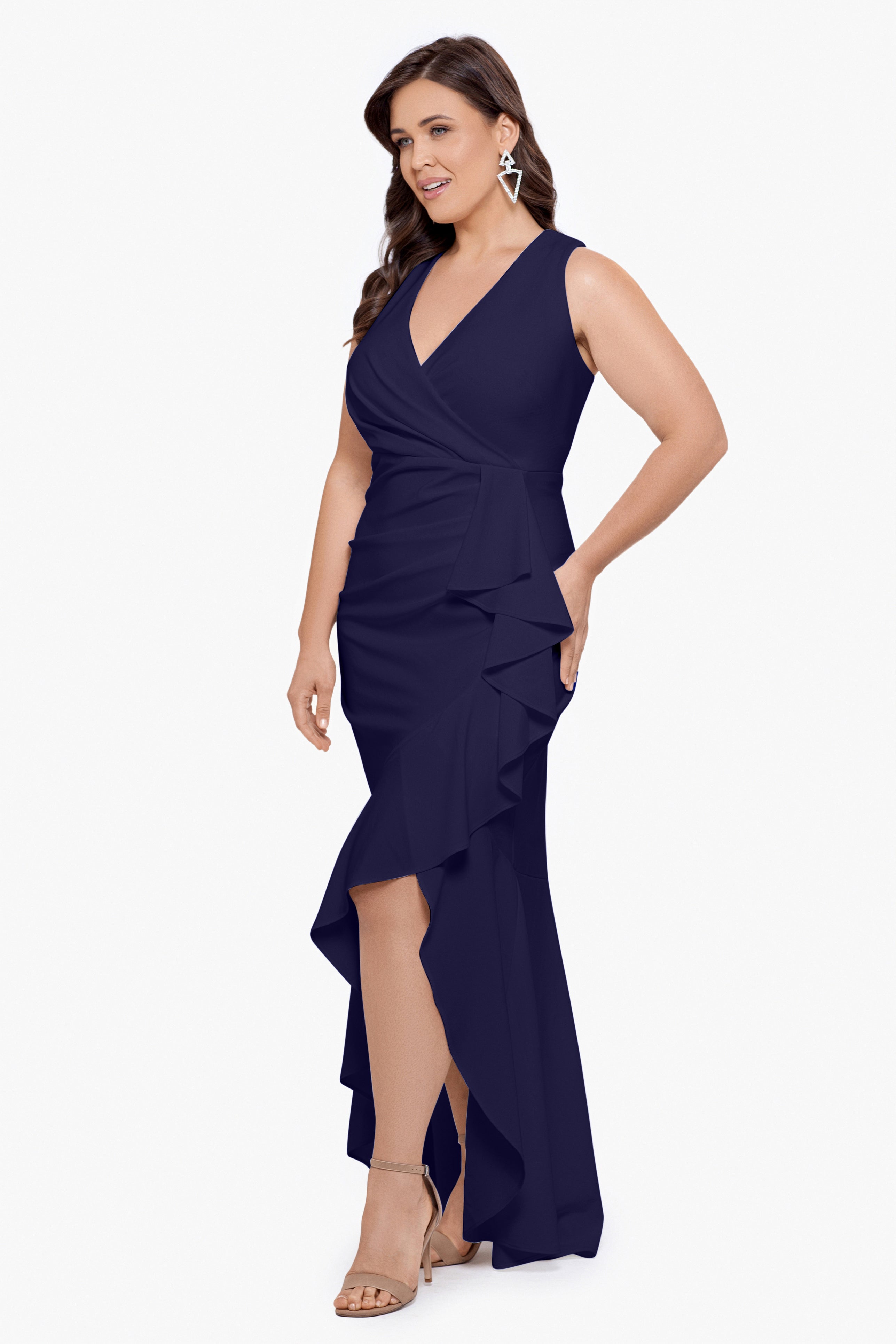 Plus "Candace" Long V- Neck Hi Low Cascade Dress