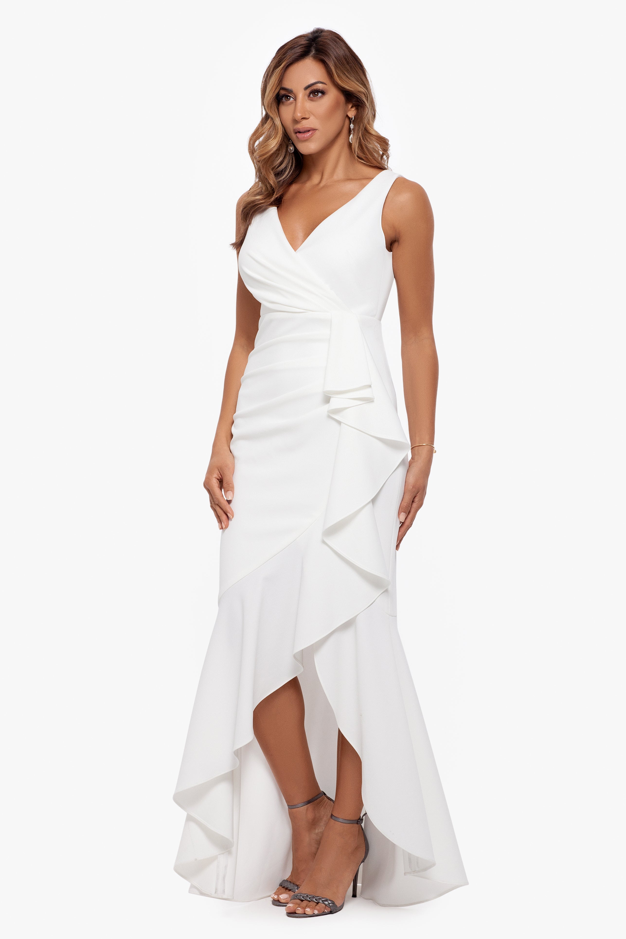 Petite "Candace" Long V- Neck Hi Low Cascade Dress