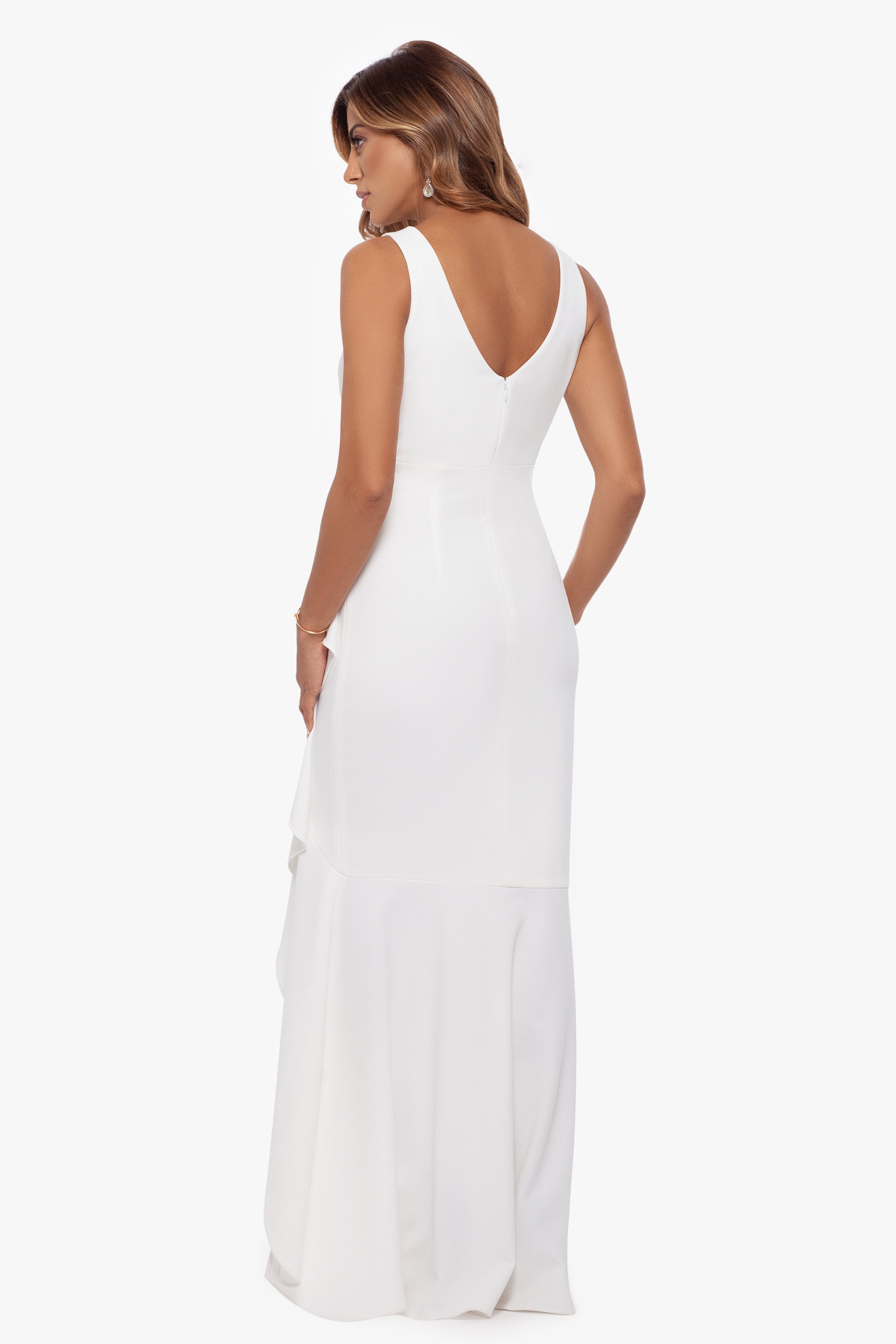 "Candace" Long V- Neck Hi Low Cascade Dress