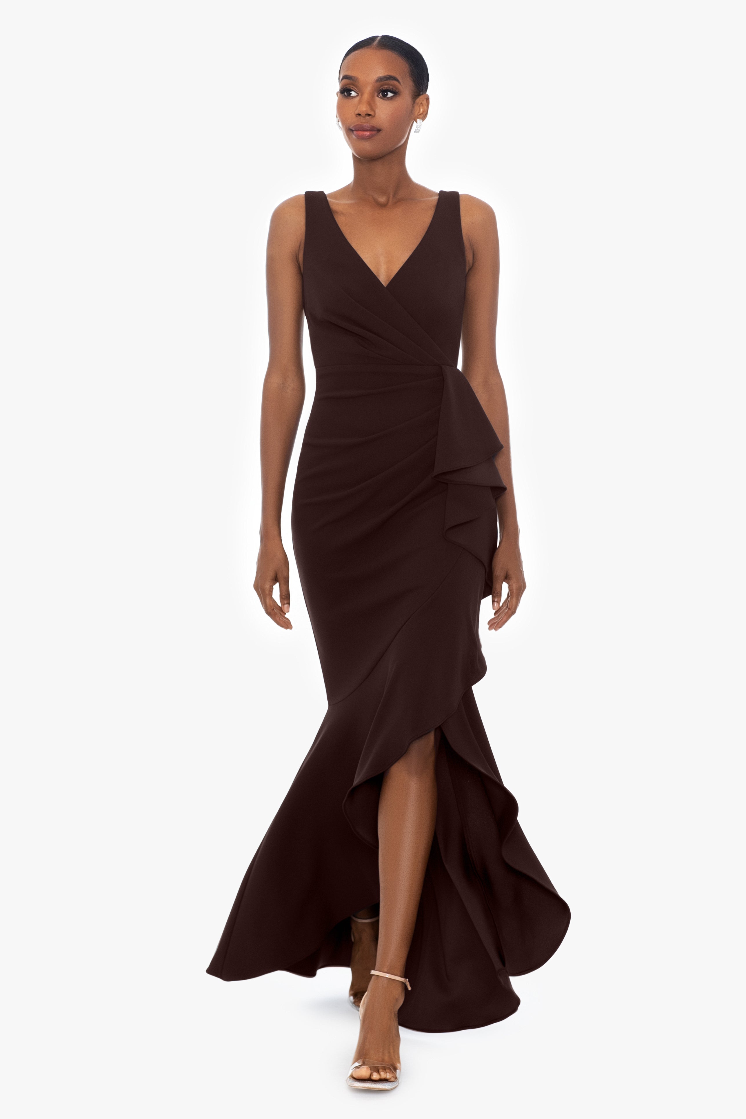 "Candace" Long V- Neck Hi Low Cascade Dress