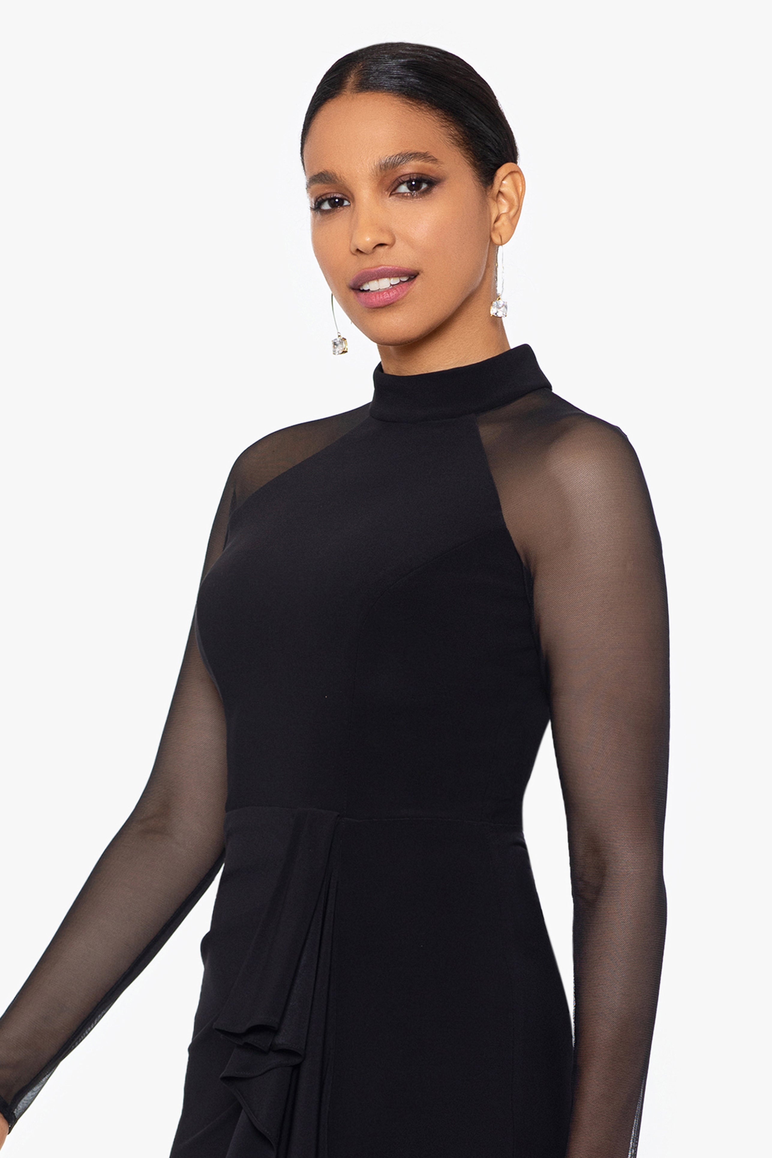 "Natalie" Long Mock Neck Mesh Sleeve Dress