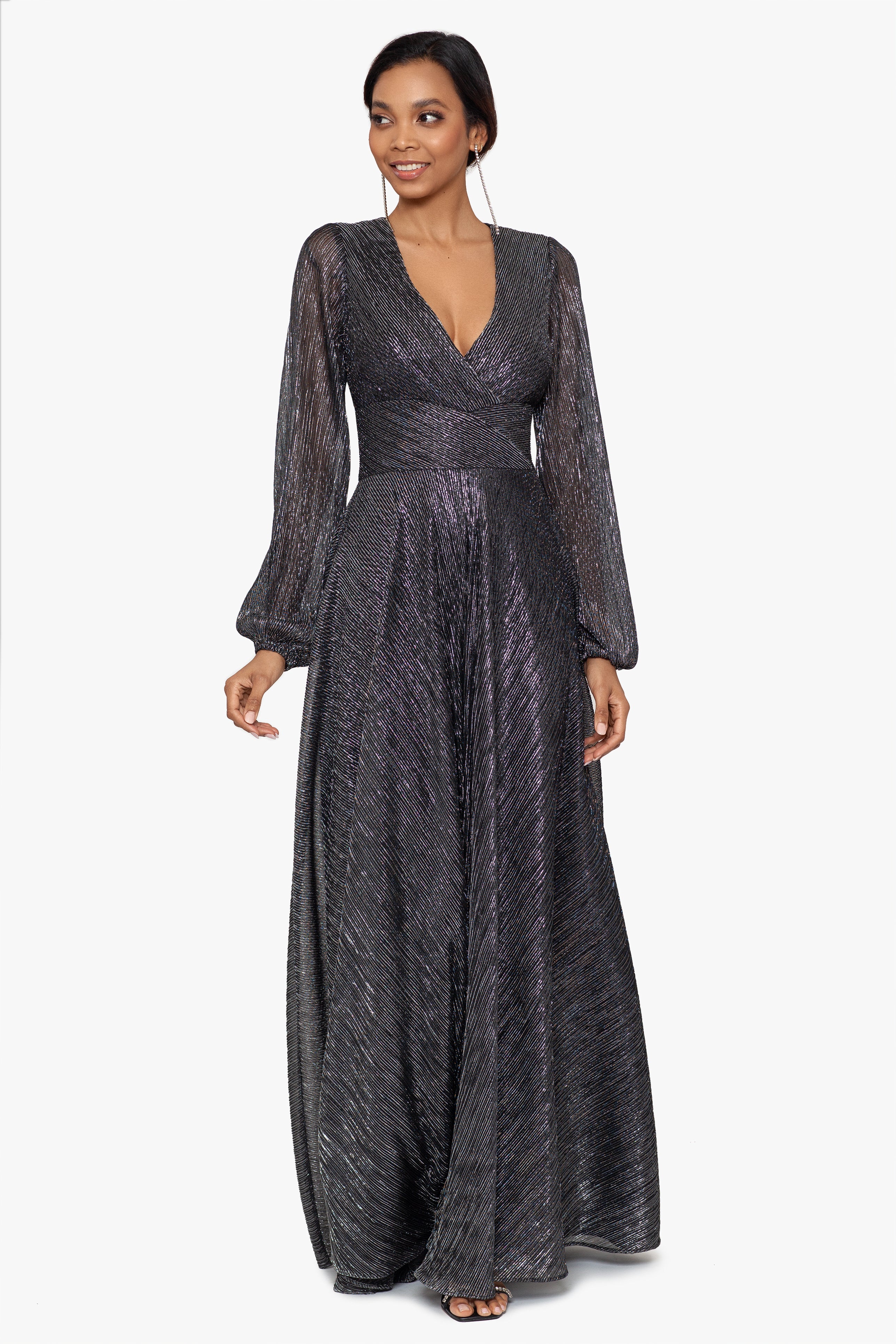 "Reign" Long Sleeve V Neck Metallic Knit Wrap Dress