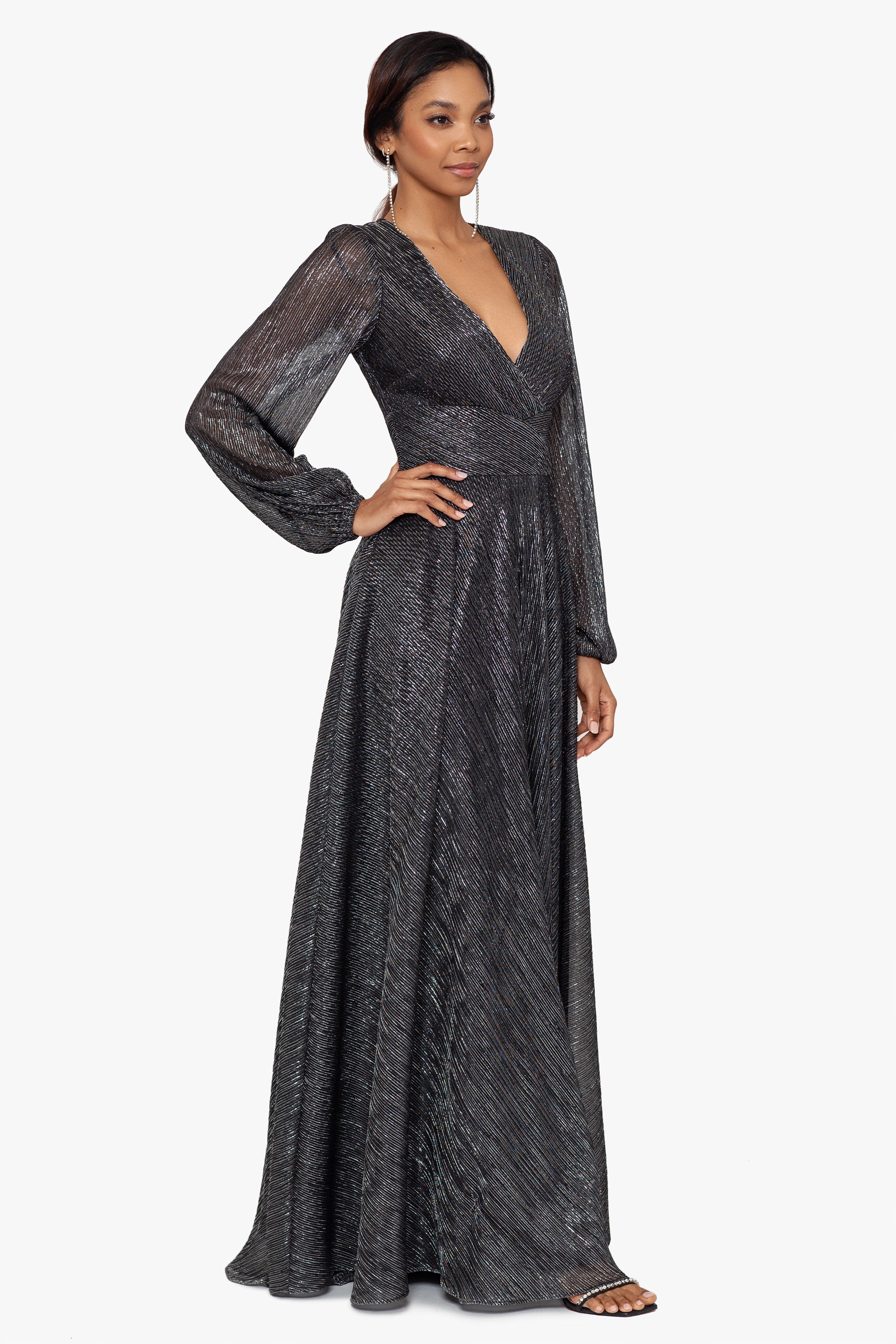 "Reign" Long Sleeve V Neck Metallic Knit Wrap Dress