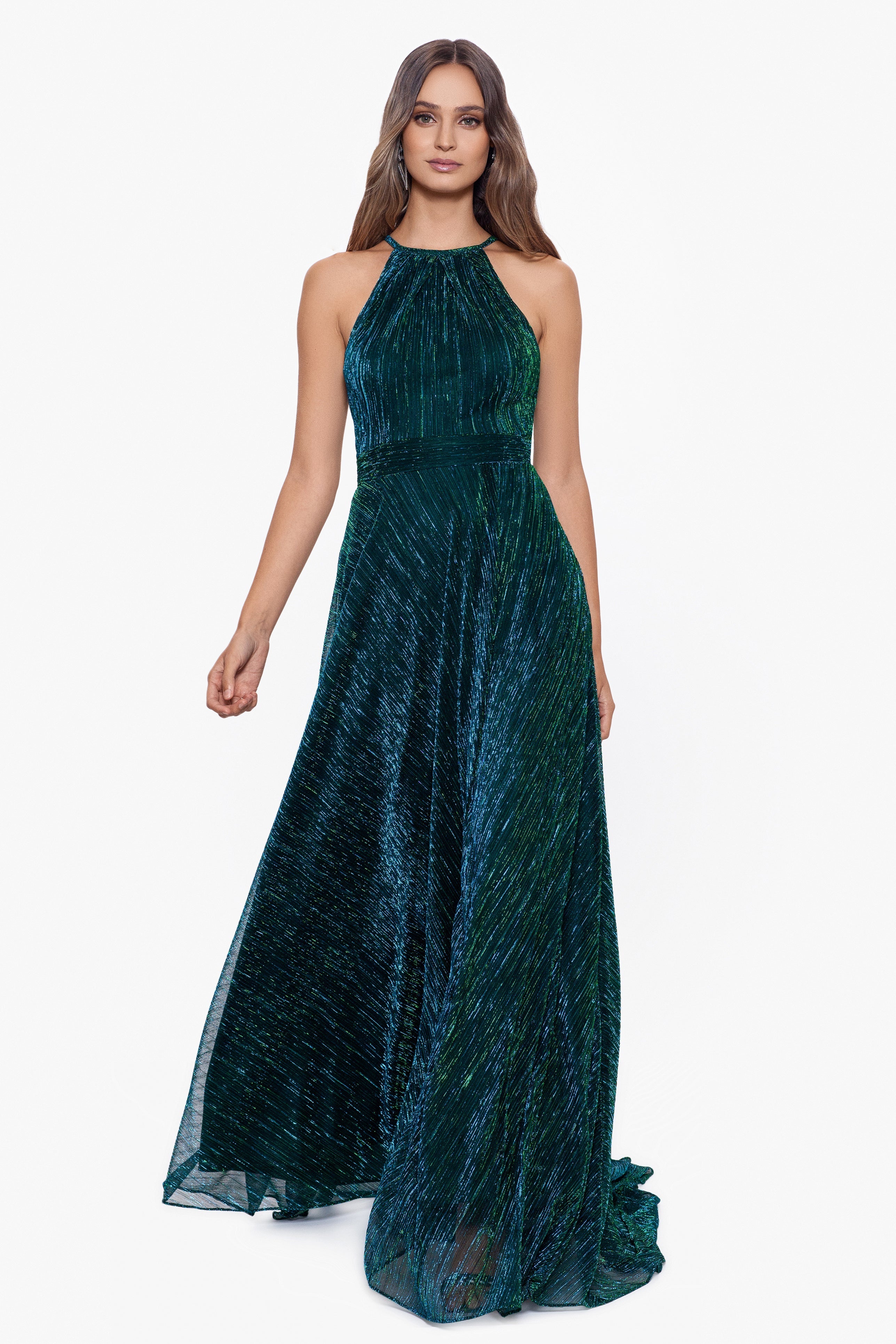 "Mila" Long Halter Metallic Dress - Betsy & Adam