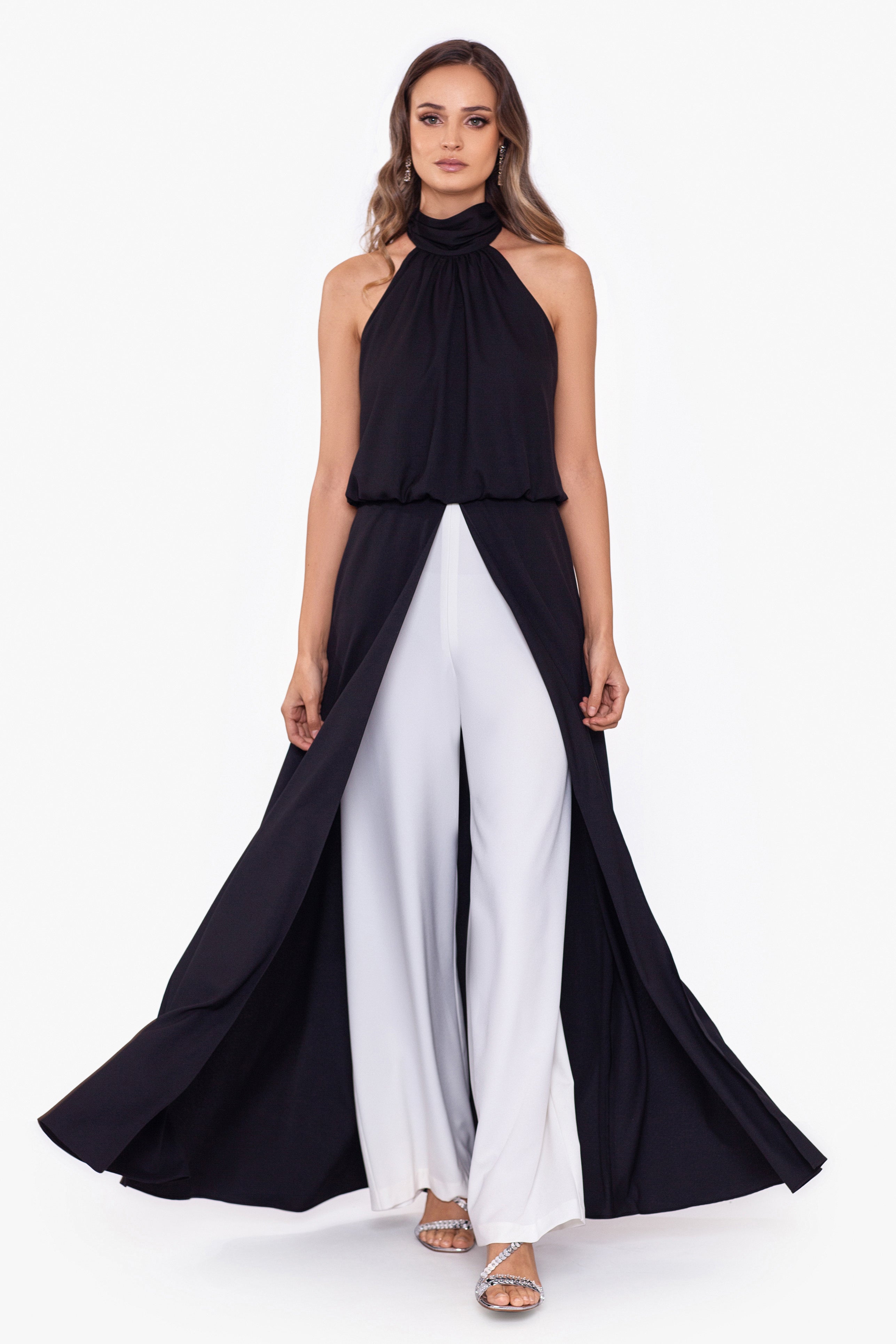 Betsy Adam Mock Neck Wide Leg Crepe Jumpsuit