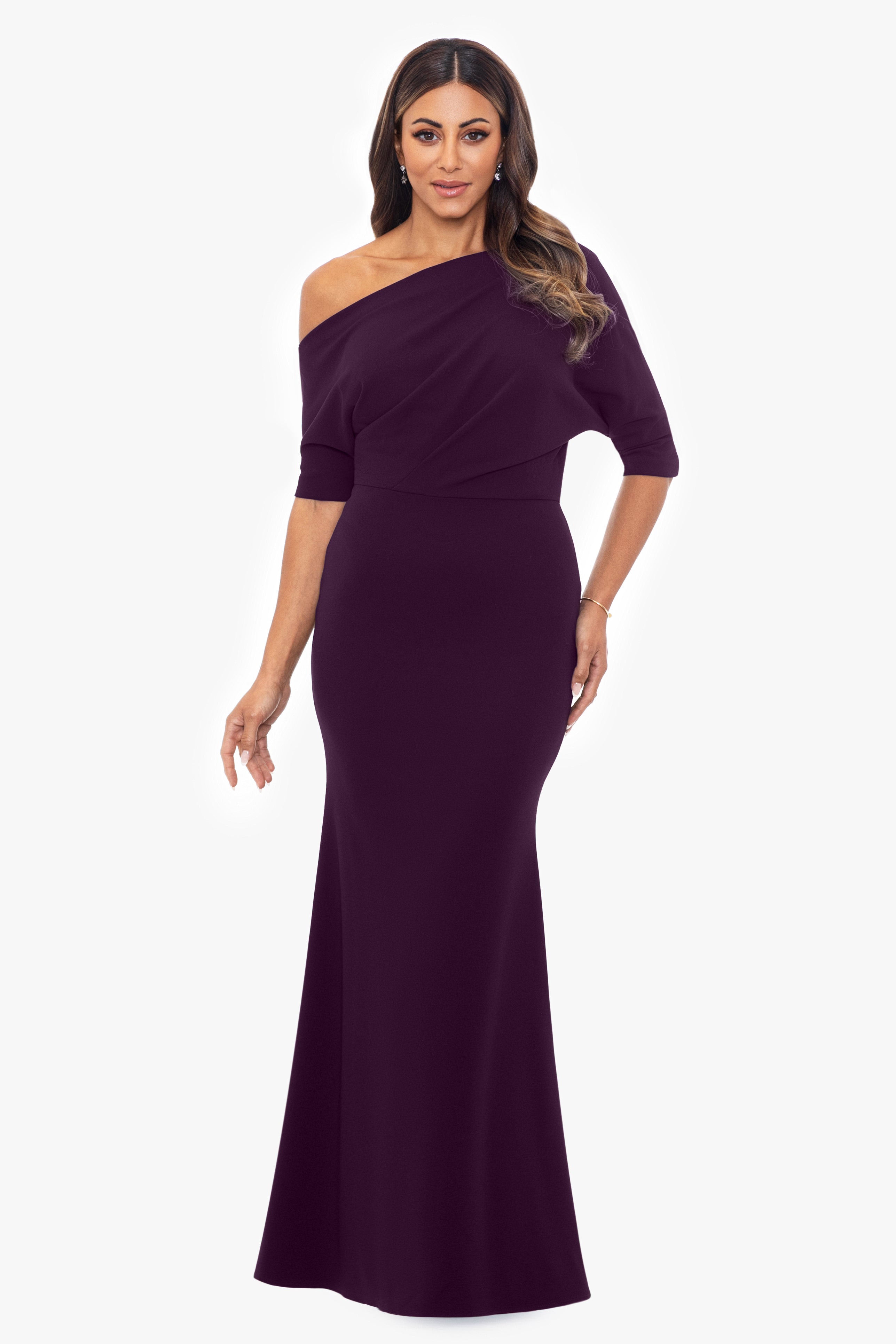 "Madeline" Long Scuba Crepe Off the Shoulder Drop Dress