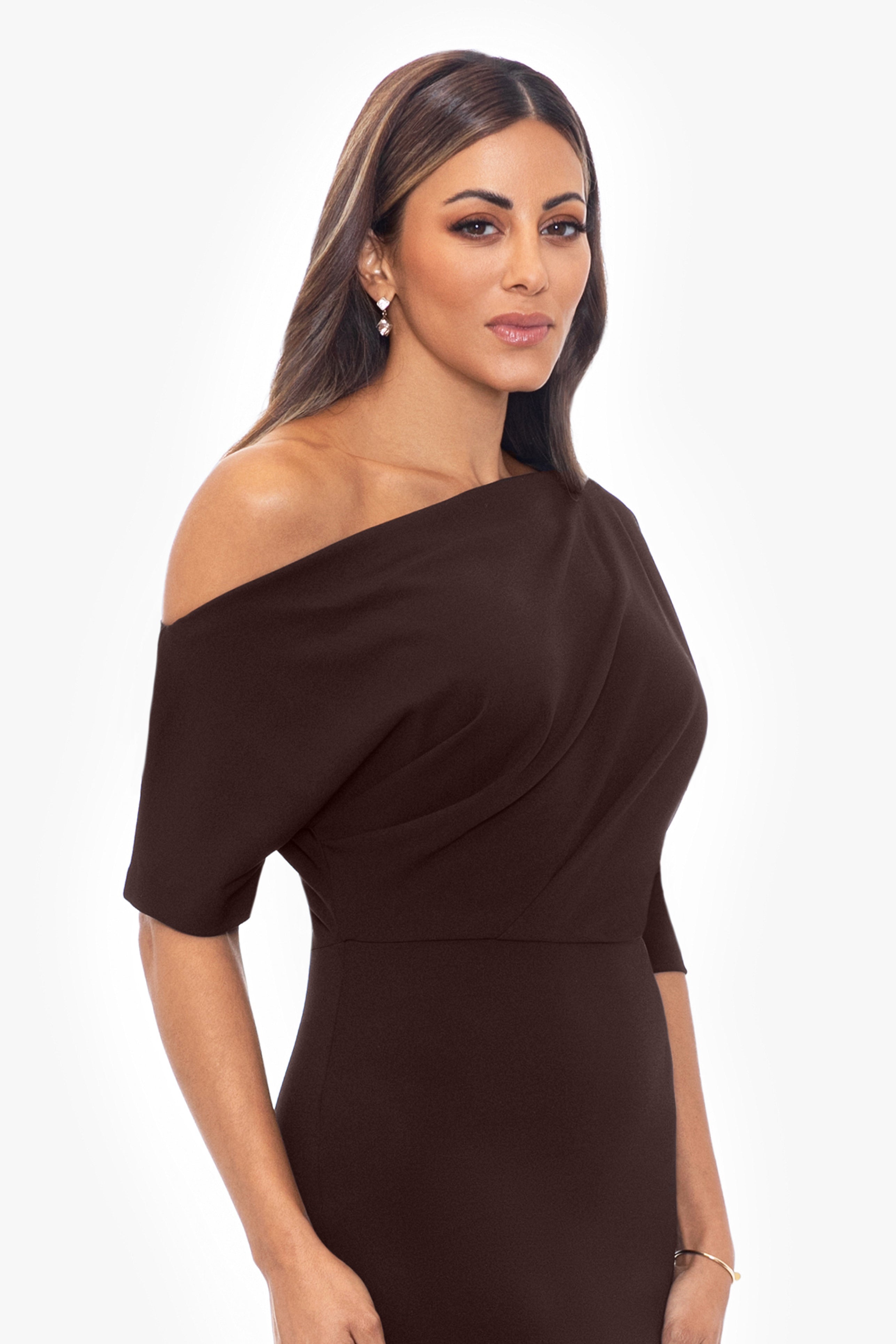 "Madeline" Long Scuba Crepe Off the Shoulder Drop Dress