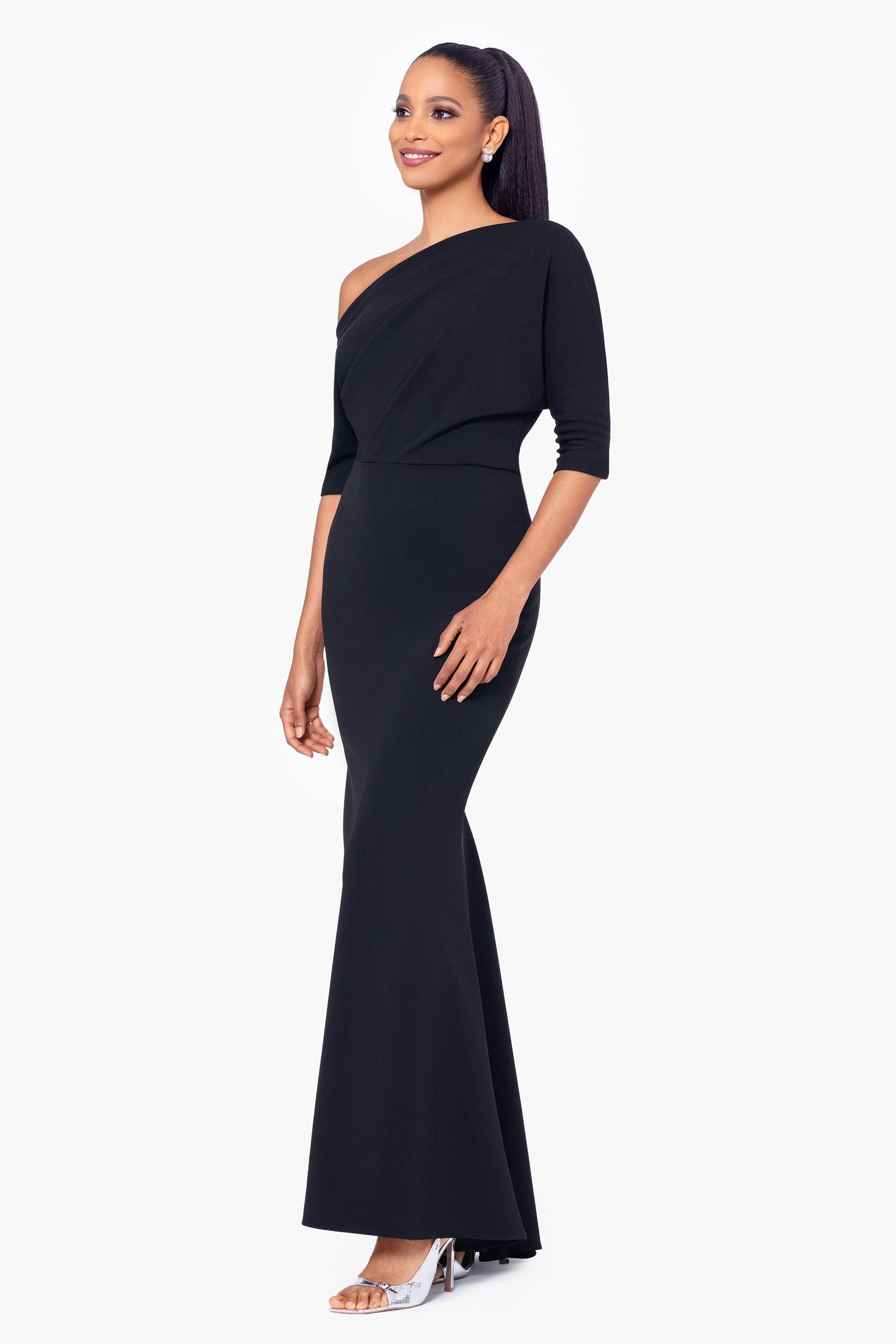 "Madeline" Long Scuba Crepe Off the Shoulder Drop Dress