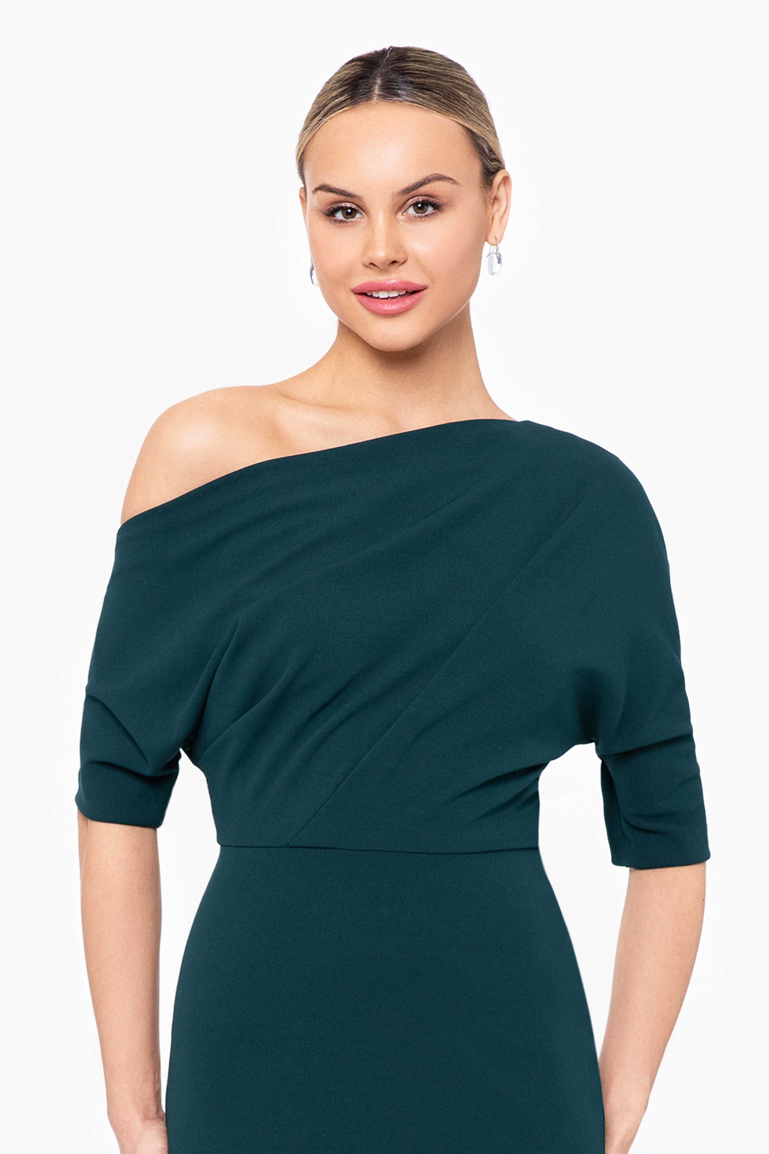 "Madeline" Long Scuba Crepe Off the Shoulder Drop Dress