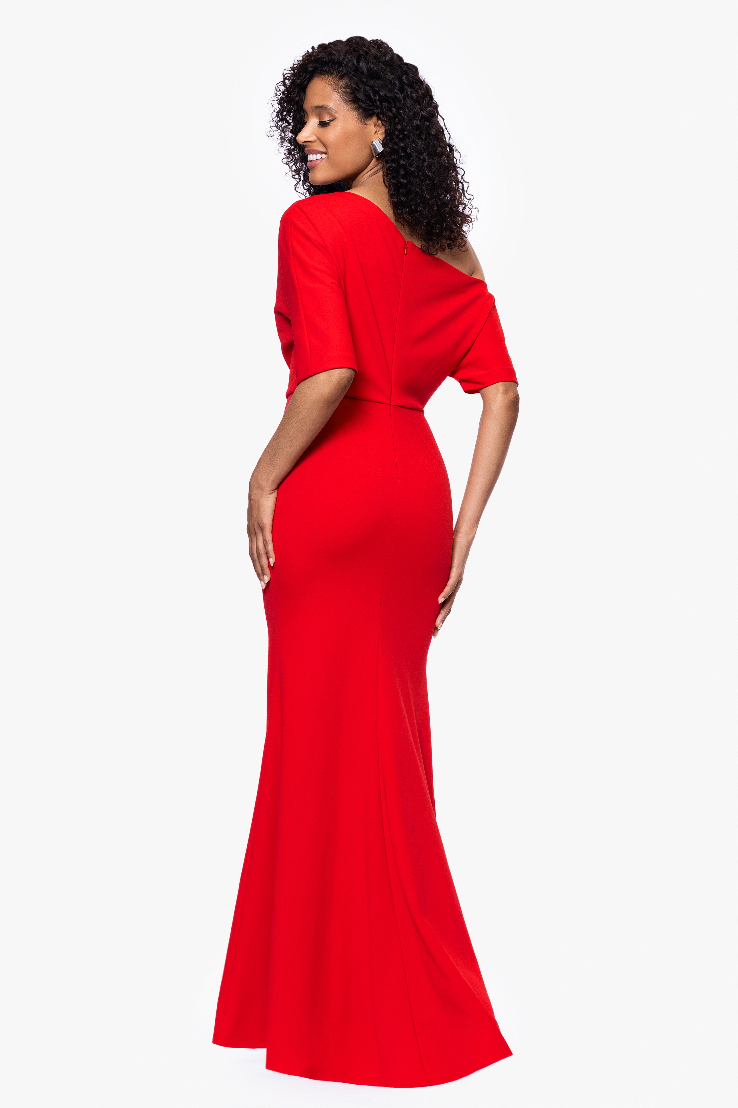 "Madeline" Long Scuba Crepe Off the Shoulder Drop Dress