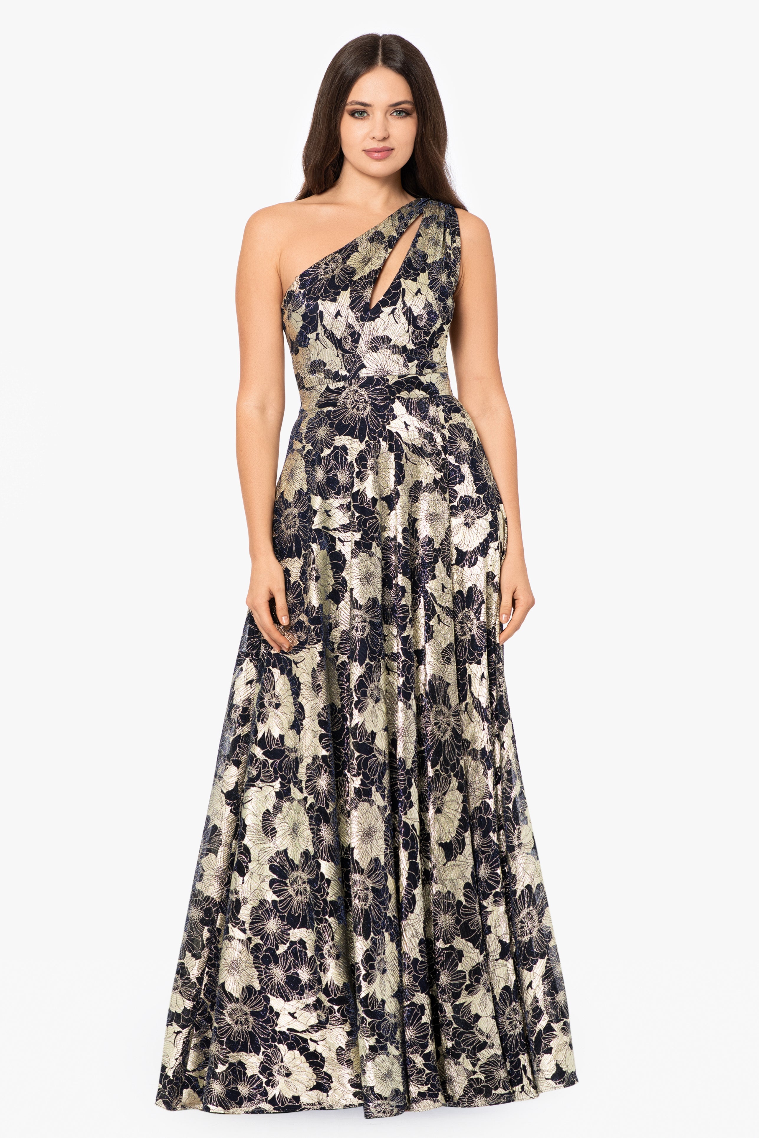 "Gwen" Long One Shoulder Wrap Foil Flower Dress